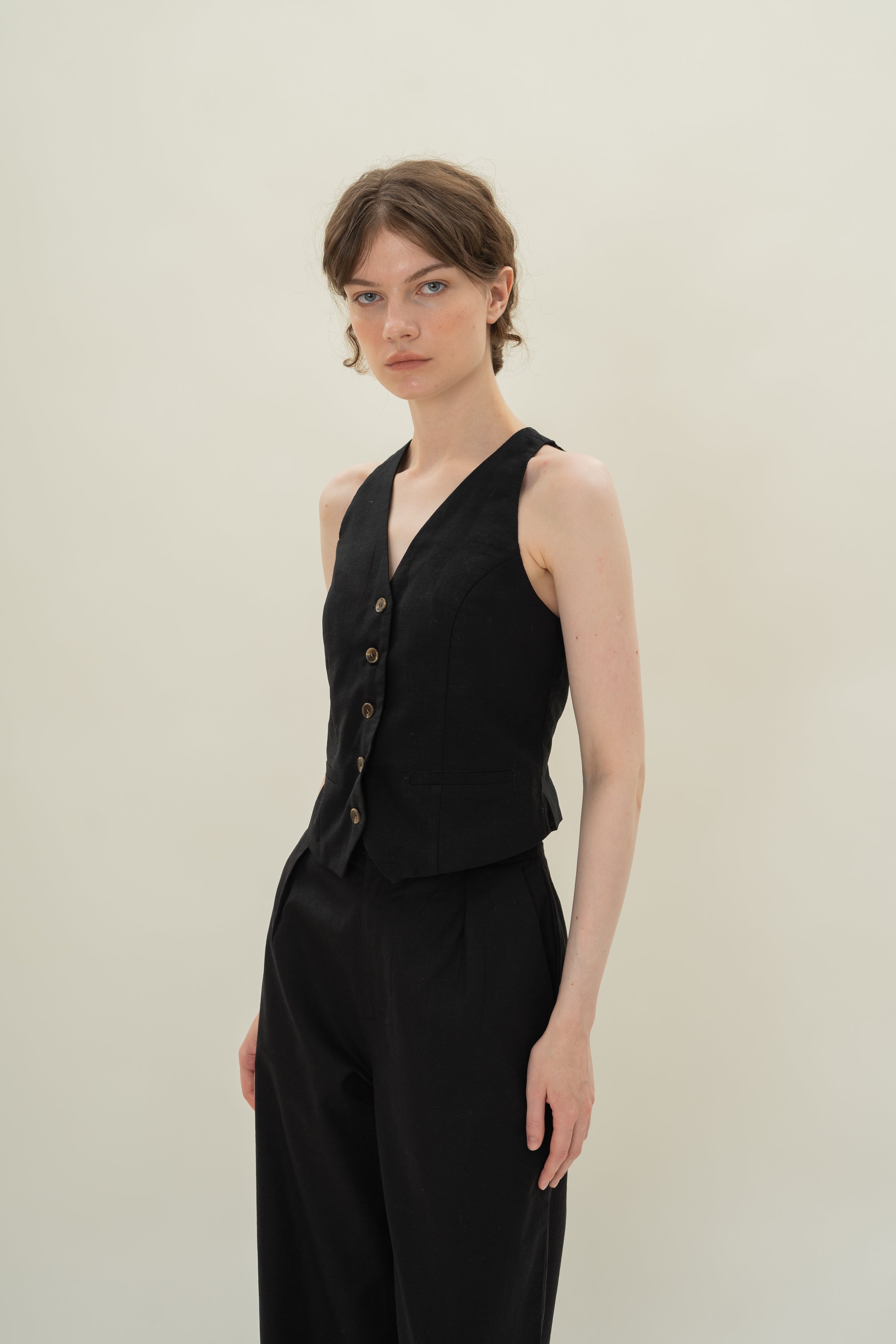 Linen Halter Padded Waistcoat in Black
