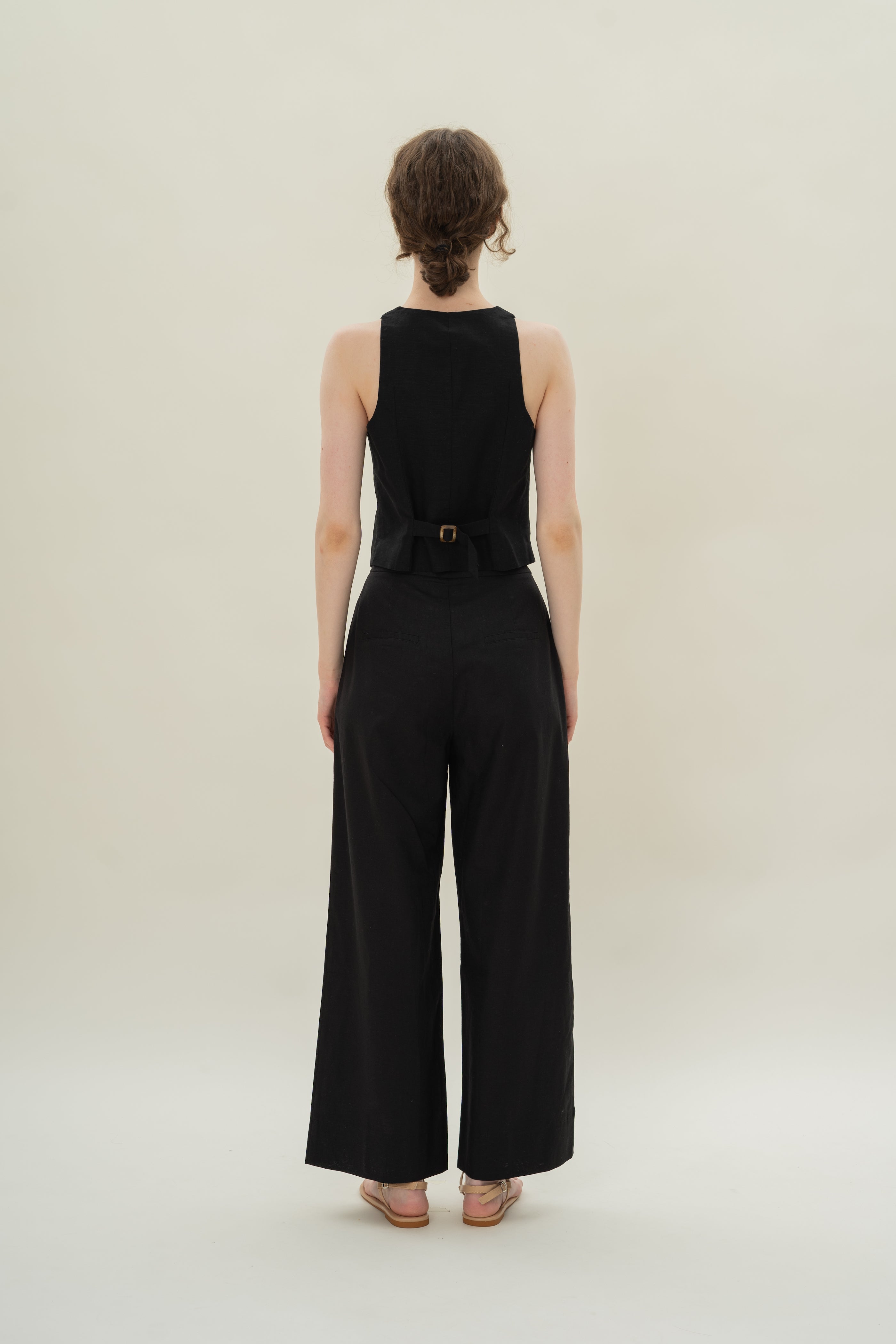 Linen Halter Padded Waistcoat in Black