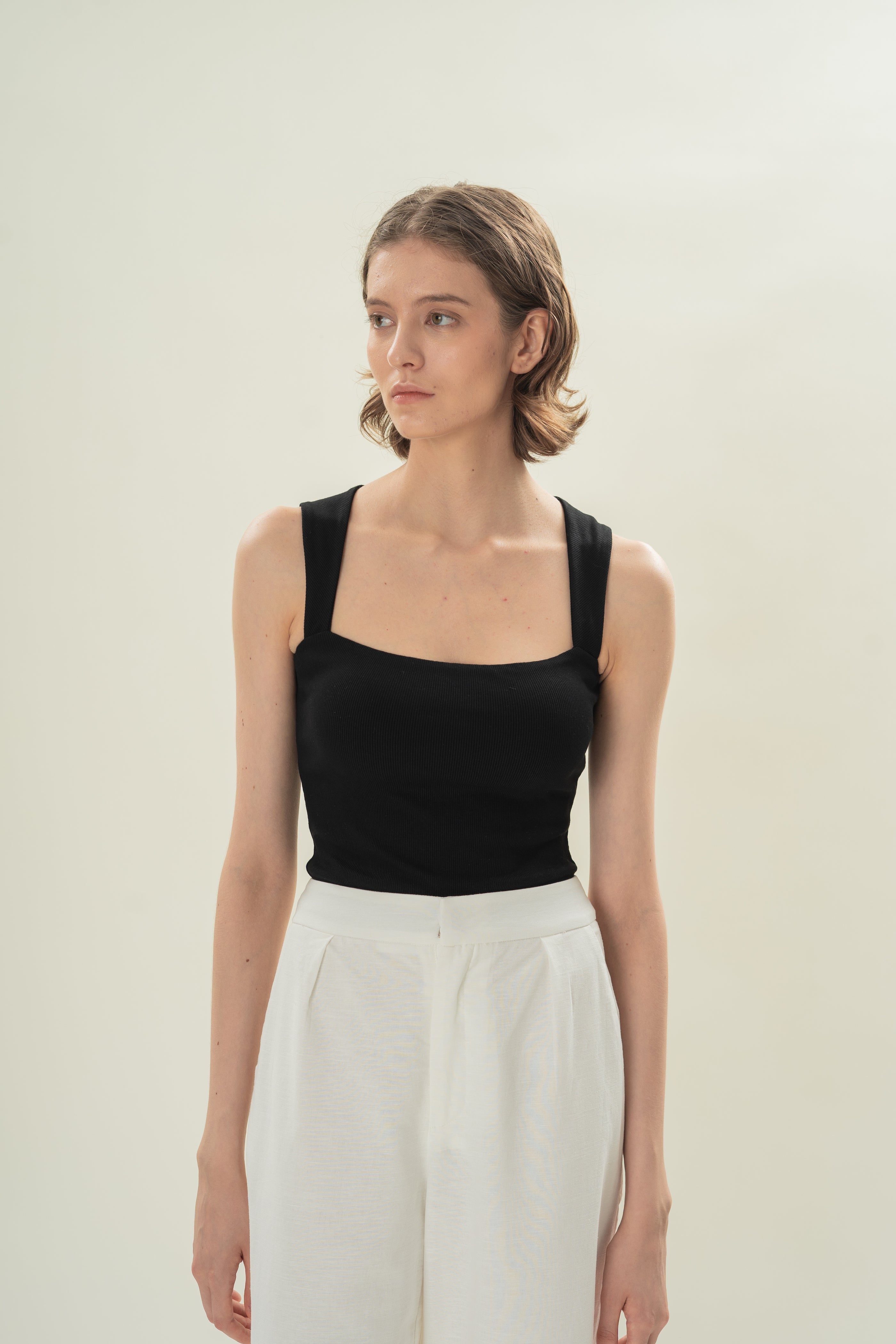 Straight Neck Ribbed Tank in Black