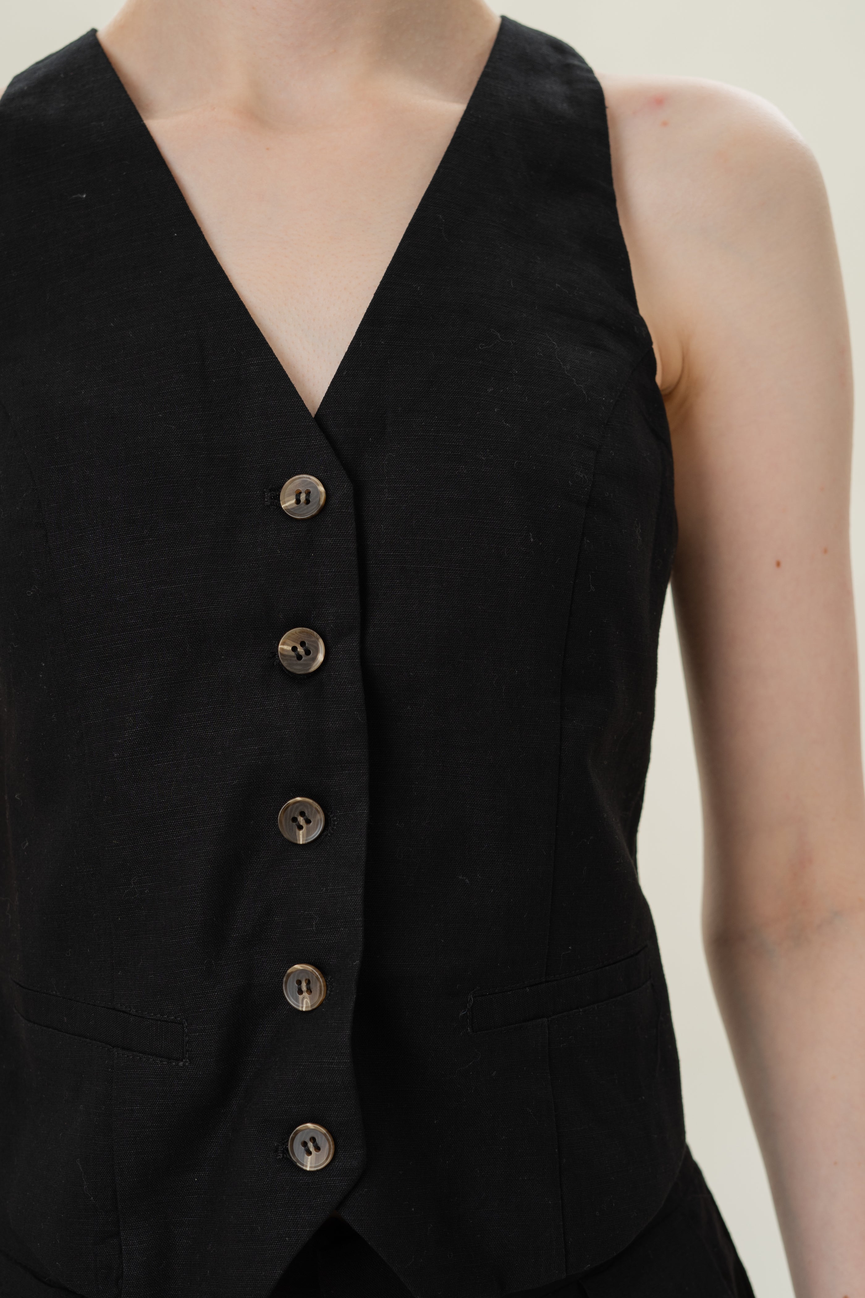 Linen Halter Padded Waistcoat in Black