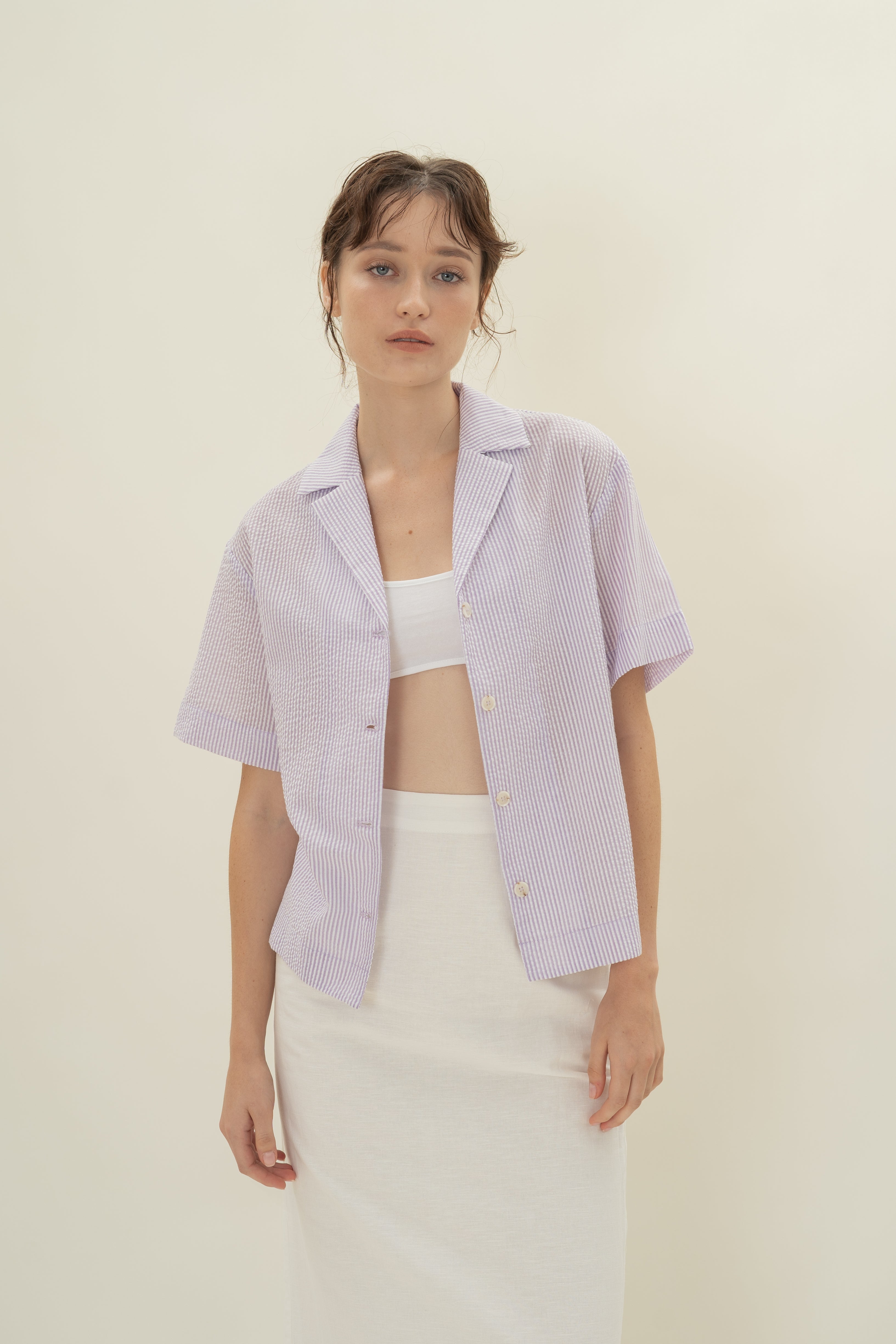 Cruise Short Sleeved Shirt in Seersucker Orchid Stripes