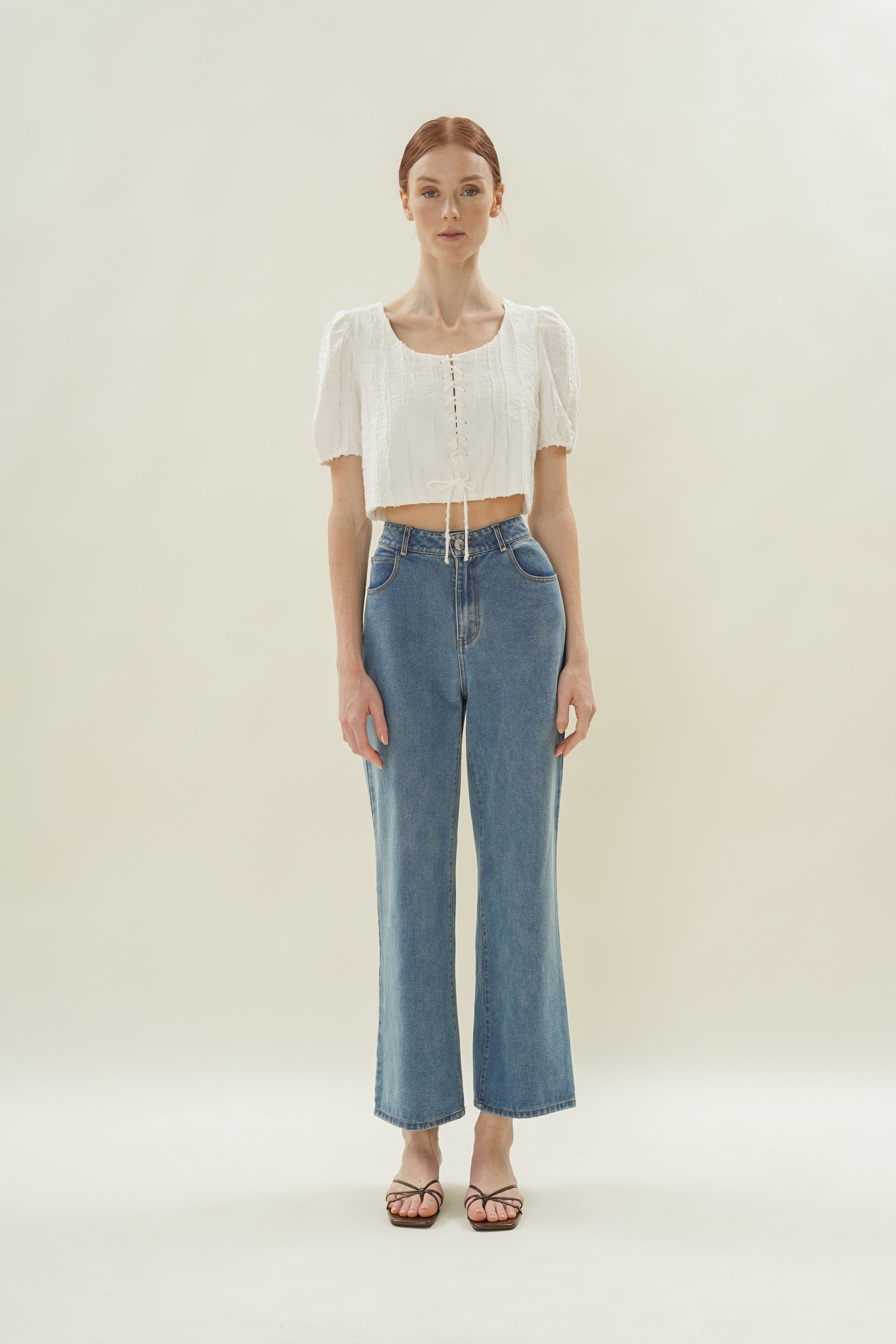 Soft Textured Tie-Detailed Top in White