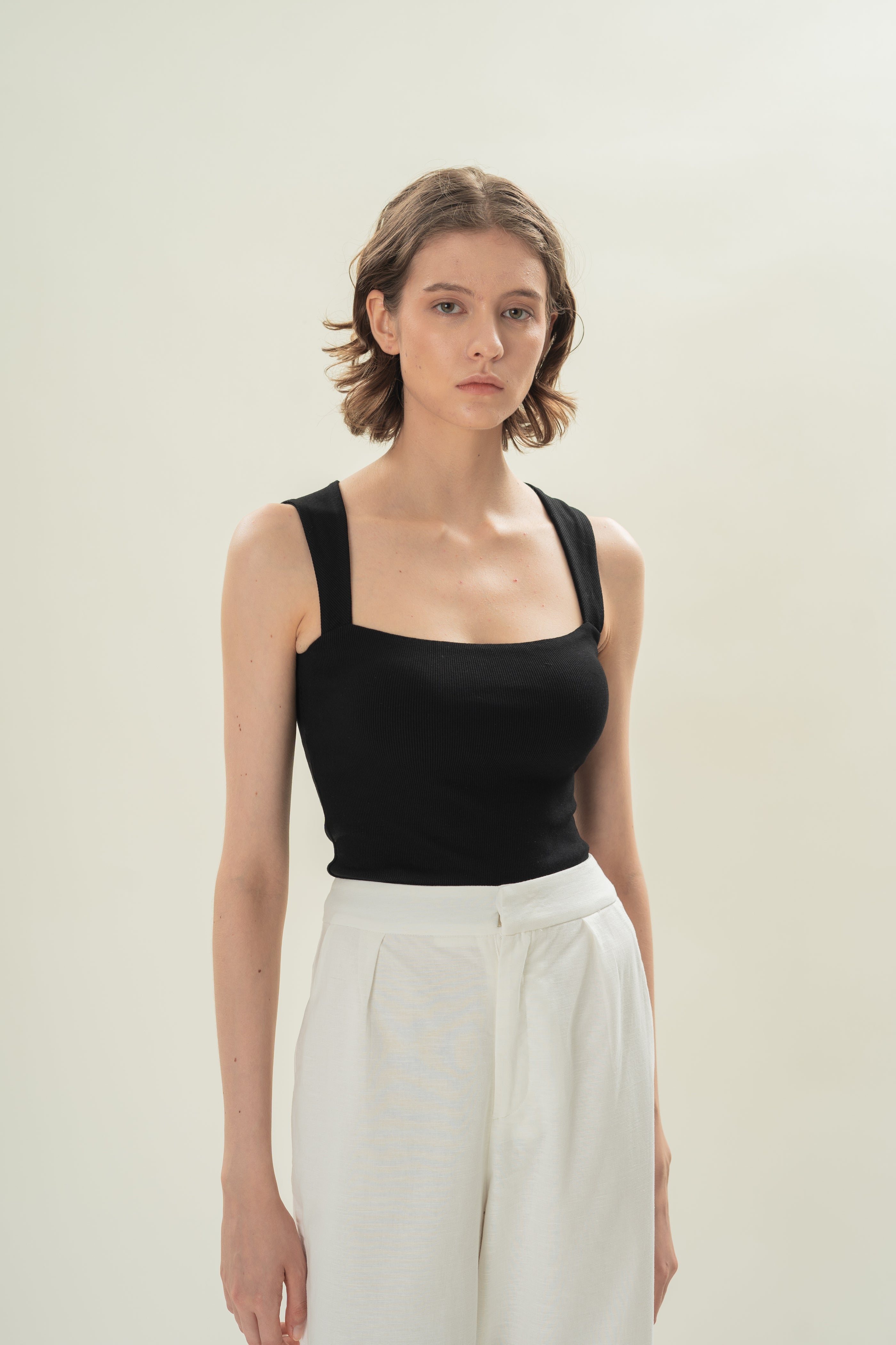 Straight Neck Ribbed Tank in Black