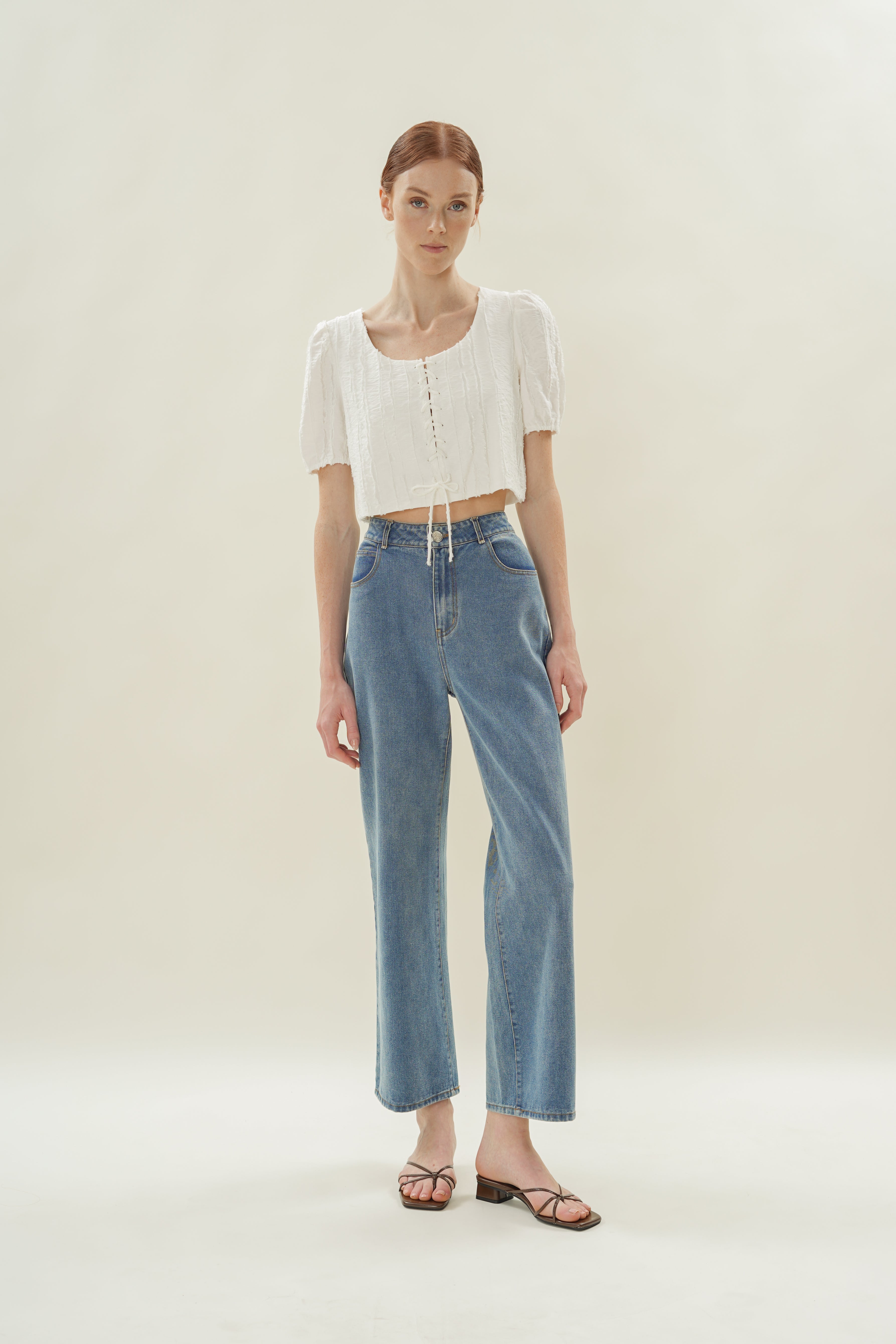 Soft Textured Tie-Detailed Top in White