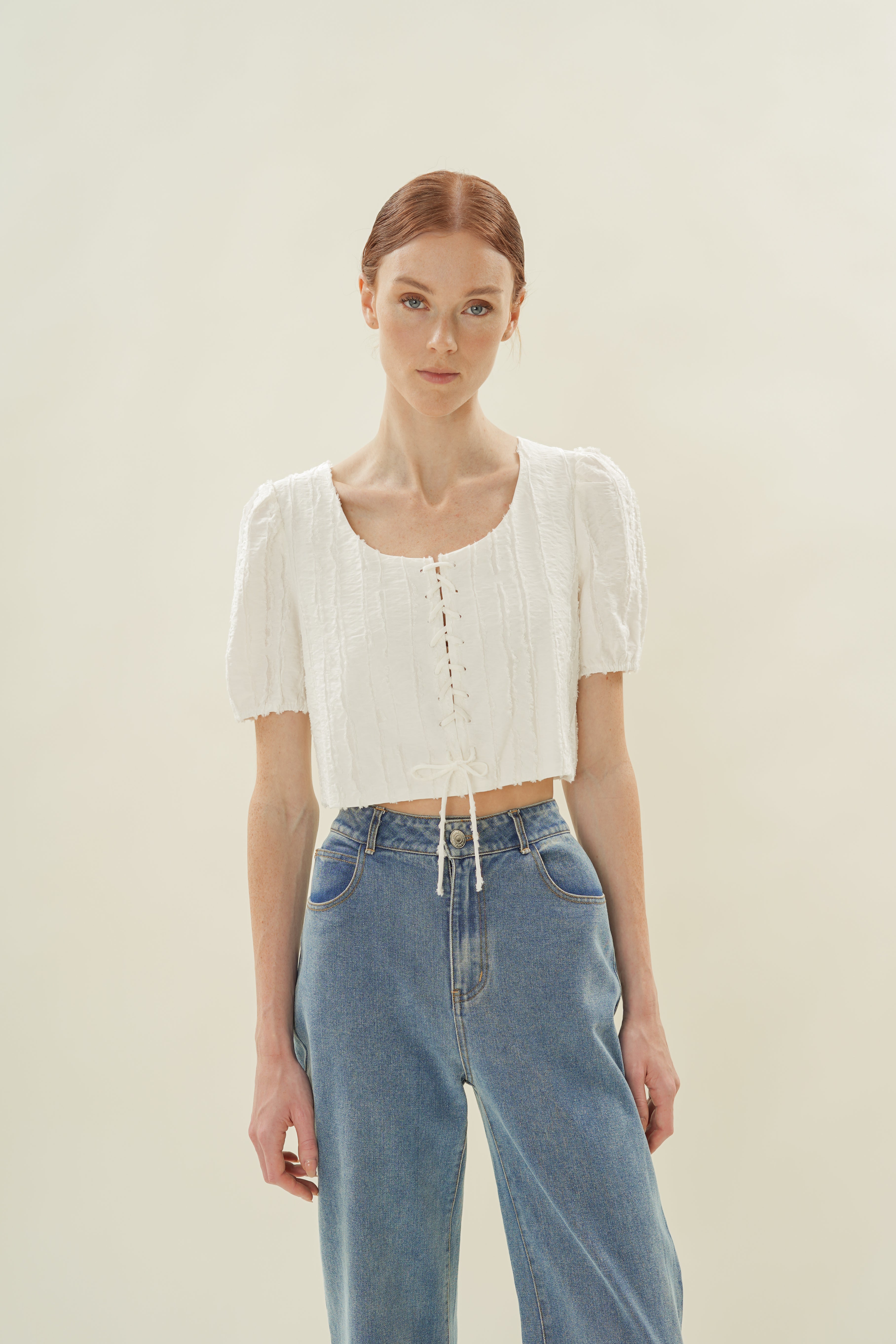 Soft Textured Tie-Detailed Top in White