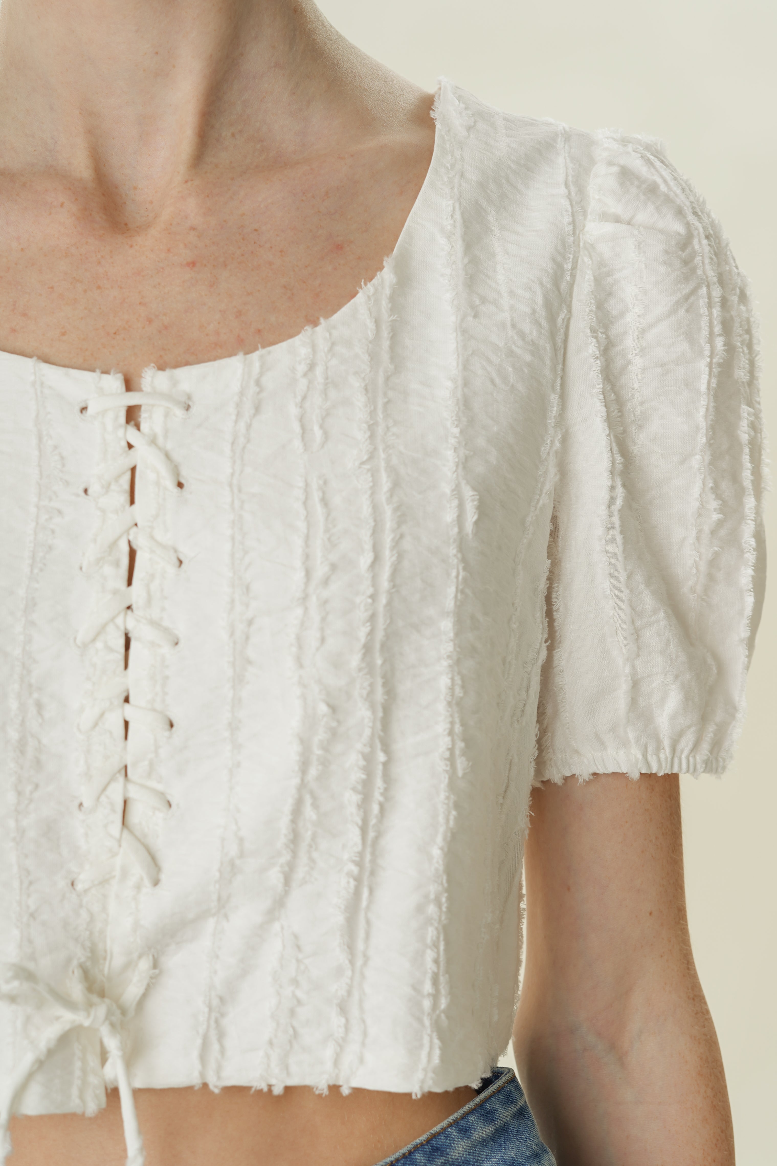 Soft Textured Tie-Detailed Top in White