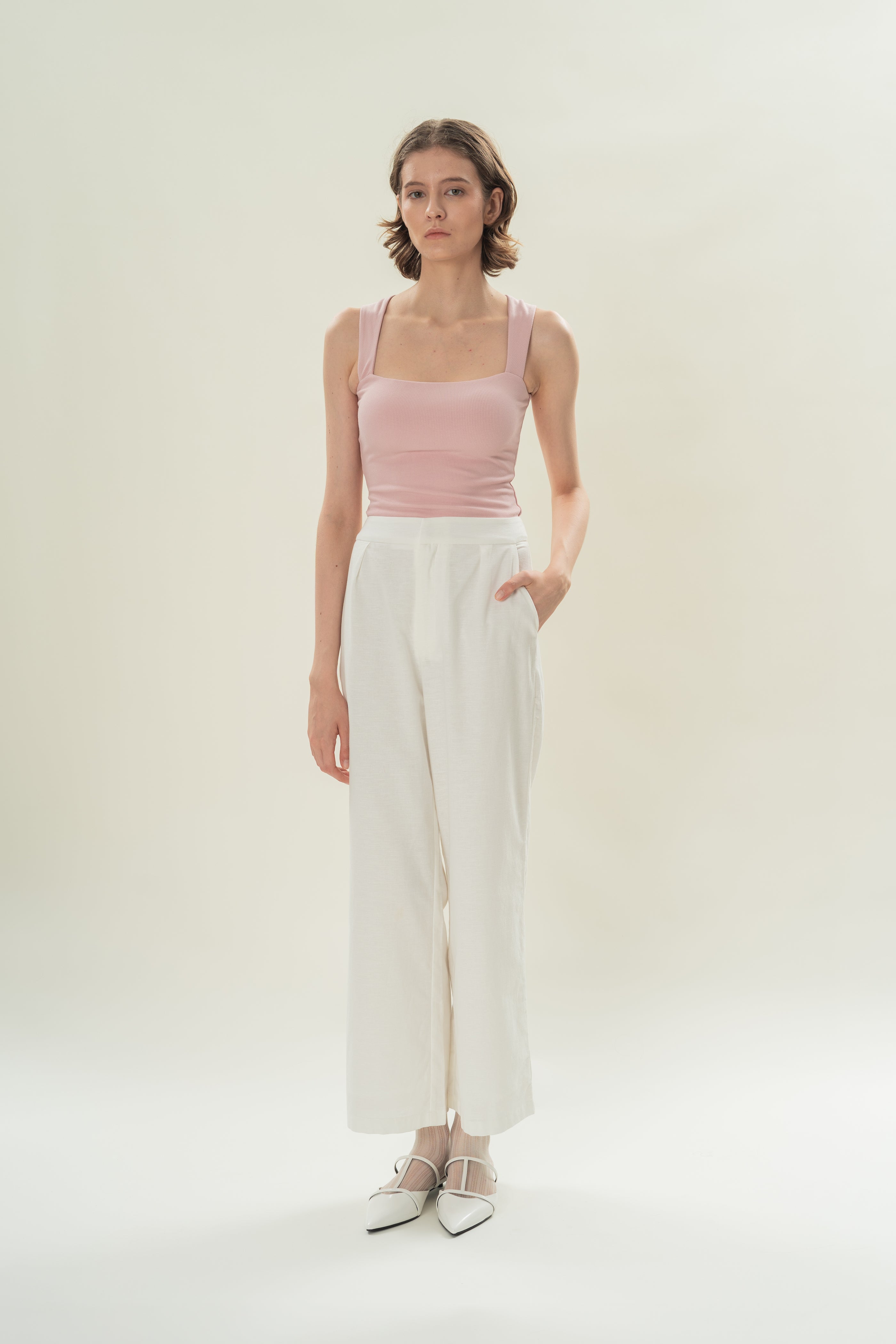 Straight Neck Ribbed Tank in Petal Pink