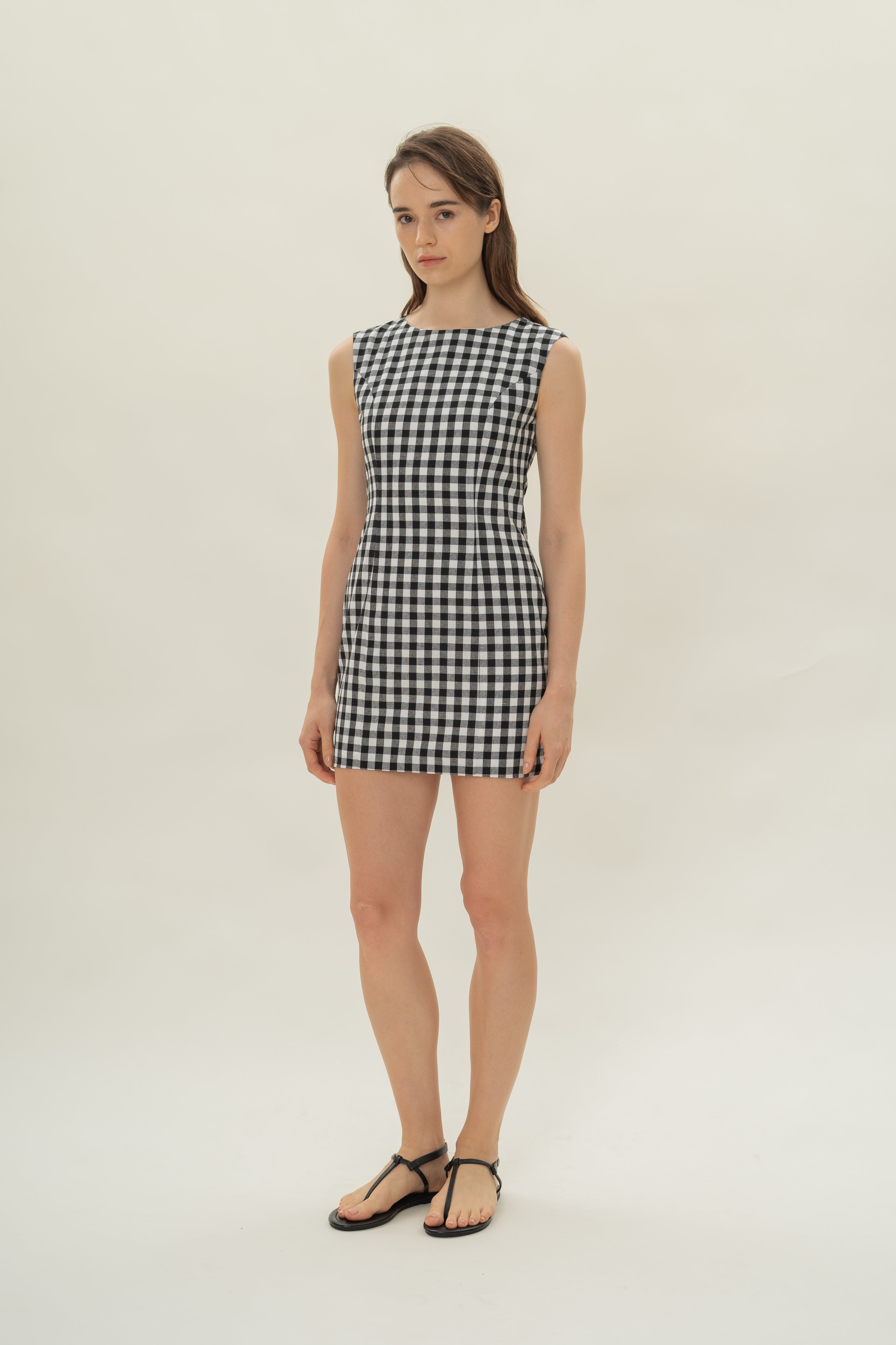 Boat Neck Mini Dress in Black Gingham