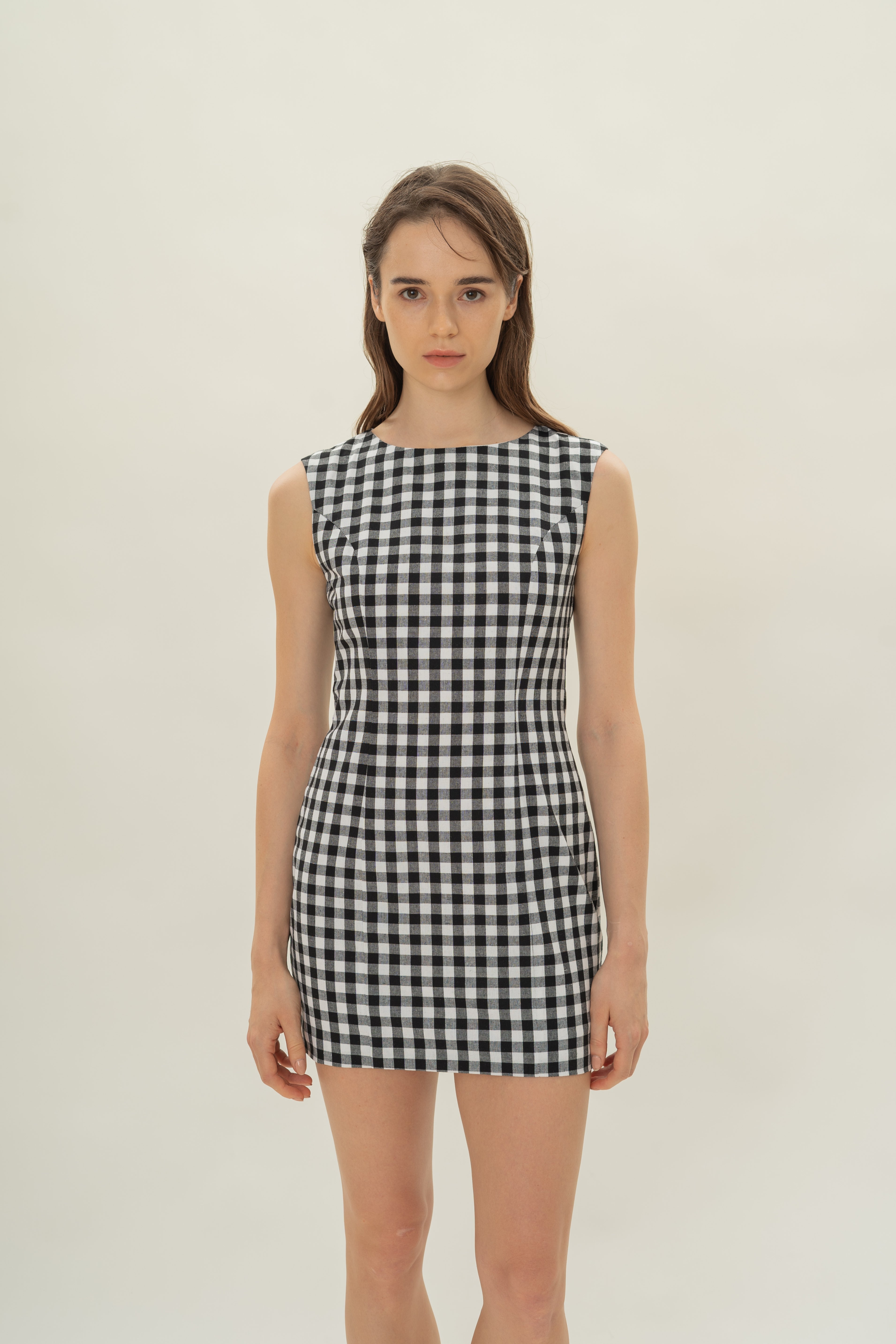 Boat Neck Mini Dress in Black Gingham