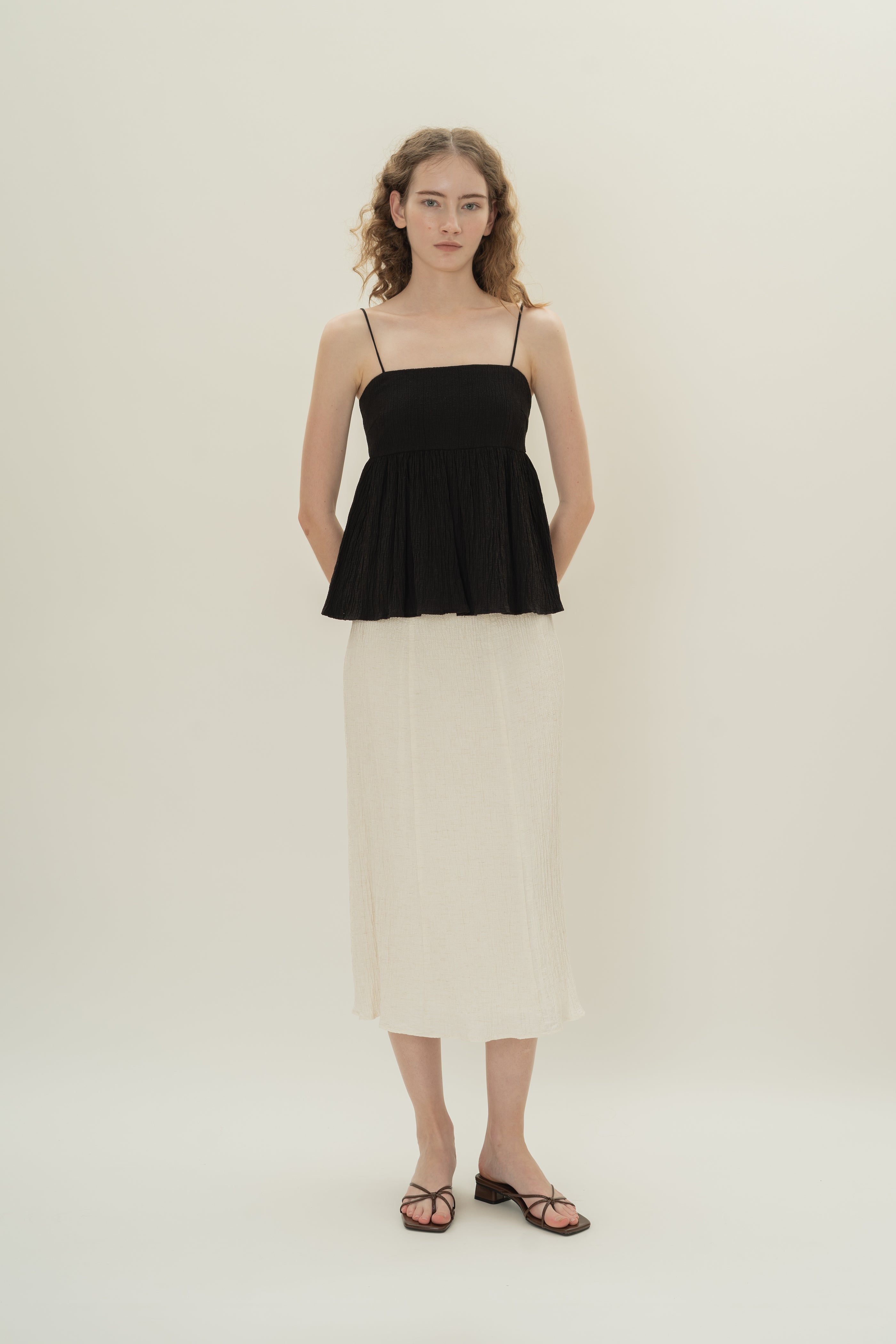 Cotton Blend Textured Cami Top in Black