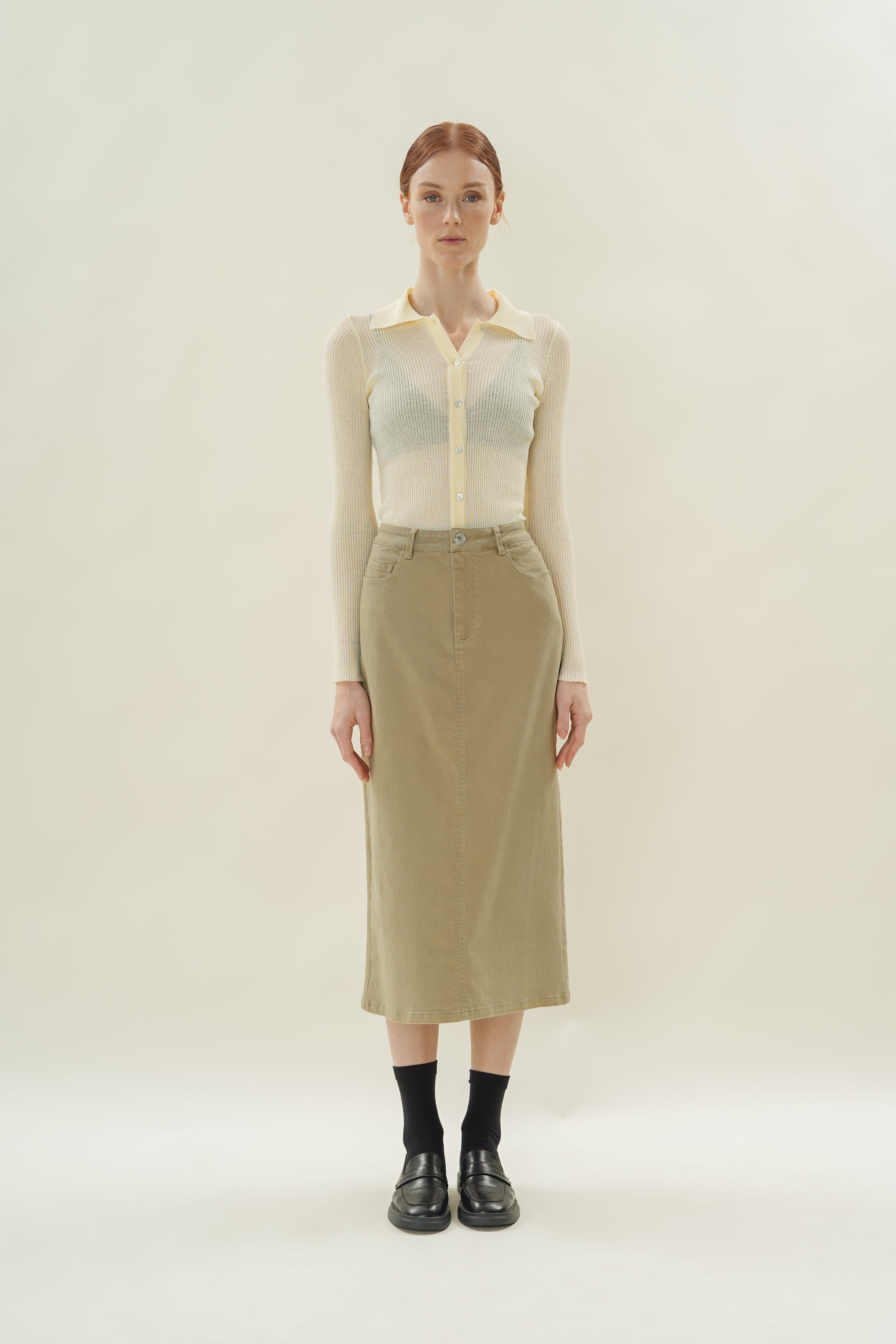 Fitted Sheer Knit Collared Top in Souffle