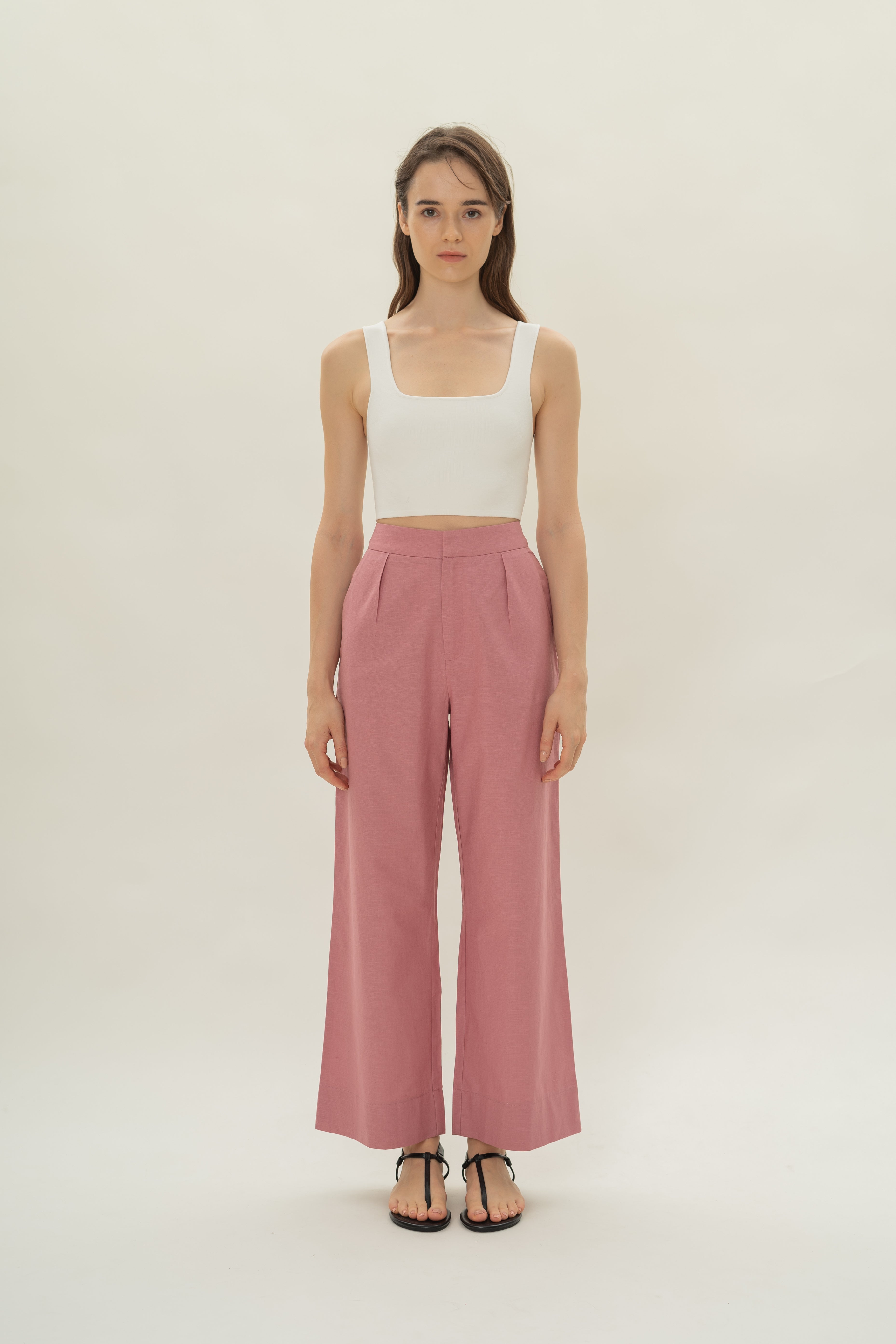 Linen Pleated Straight Trousers in Hibiscus
