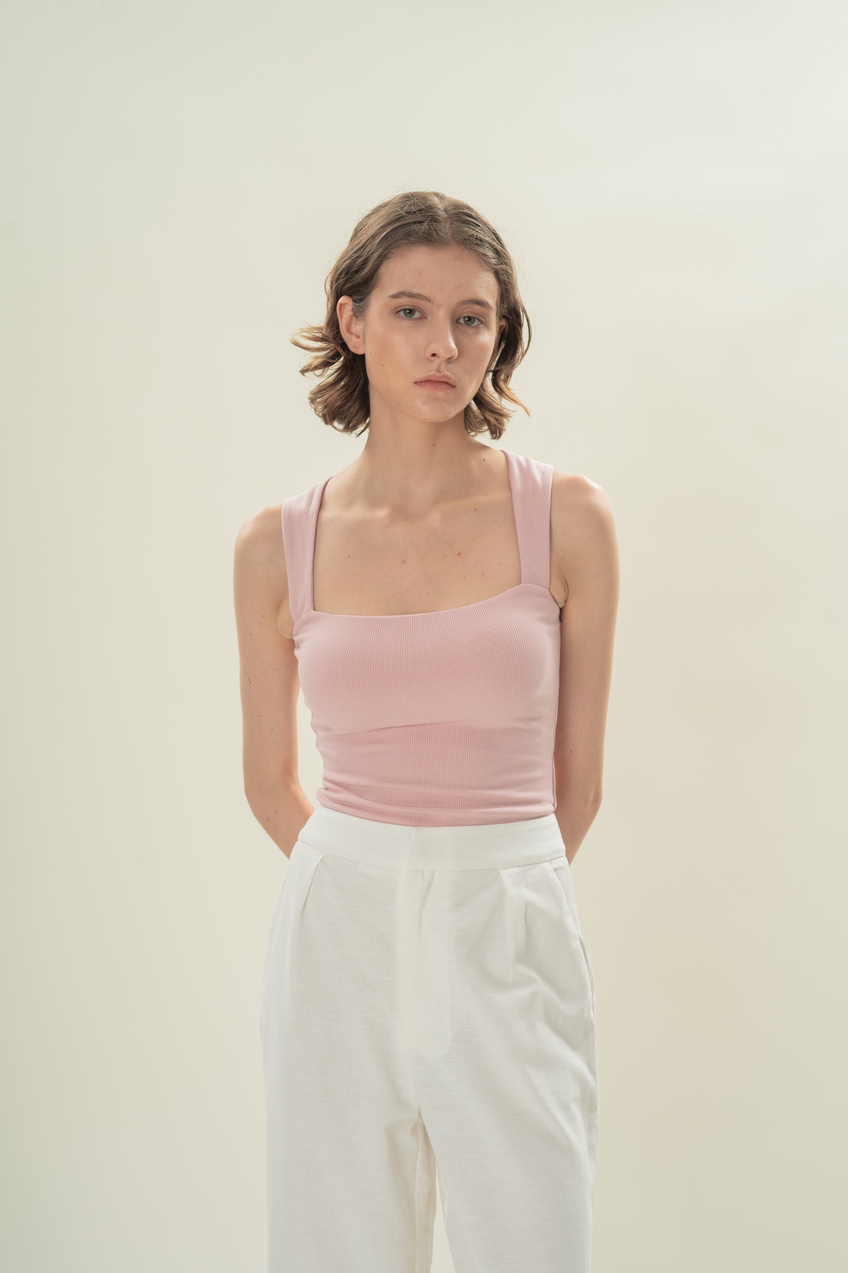 Straight Neck Ribbed Tank in Petal Pink