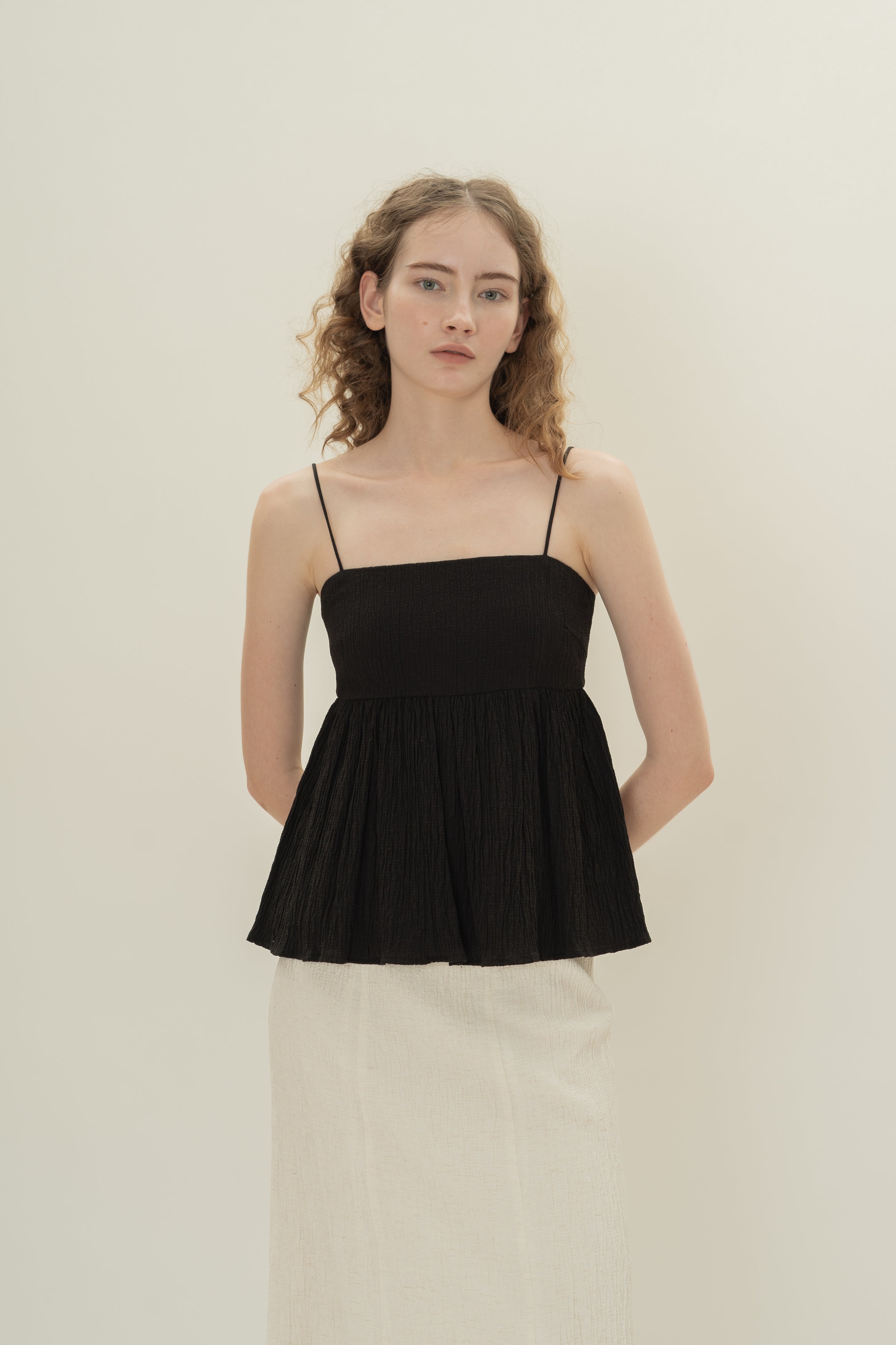 Cotton Blend Textured Cami Top in Black