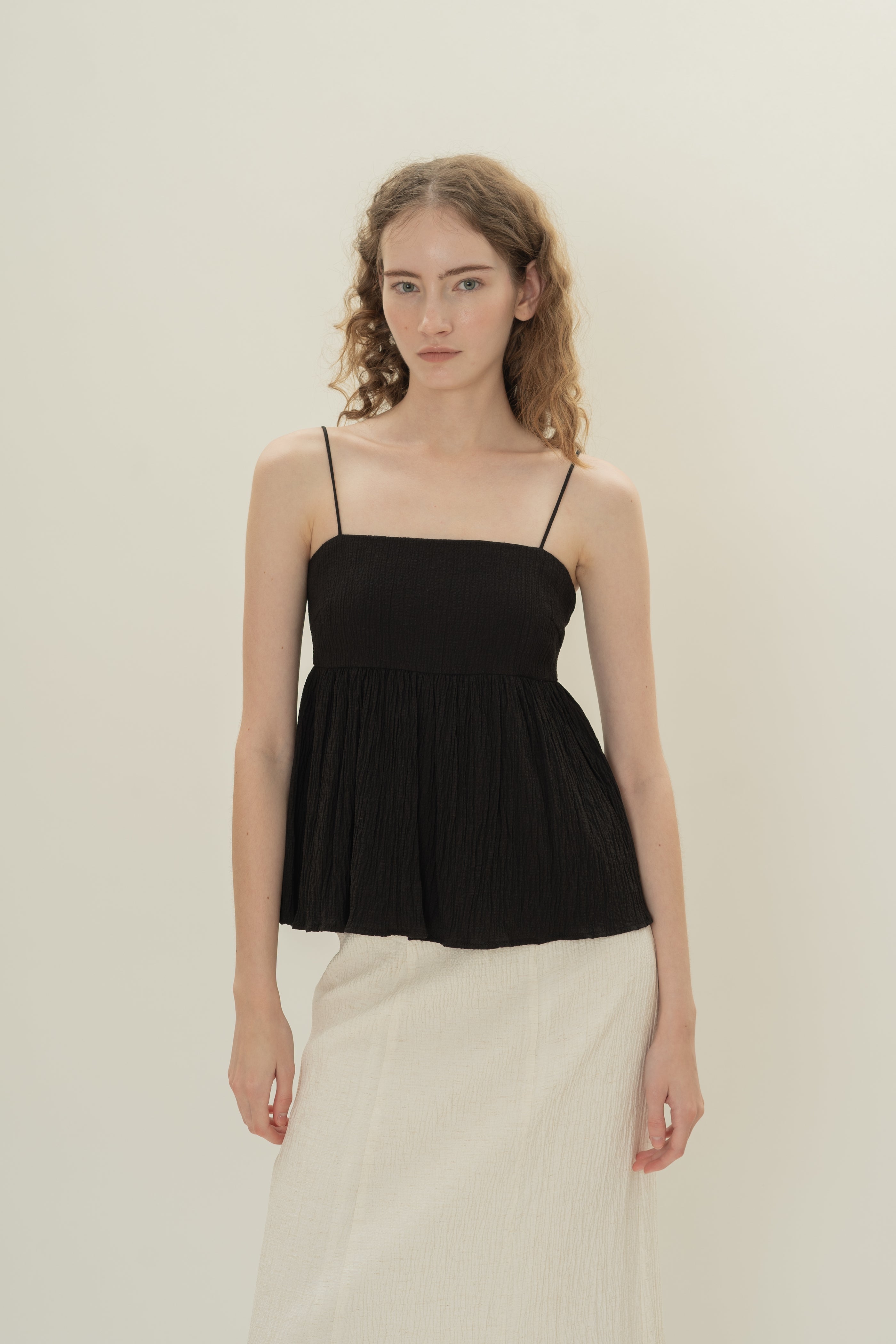 Cotton Blend Textured Cami Top in Black