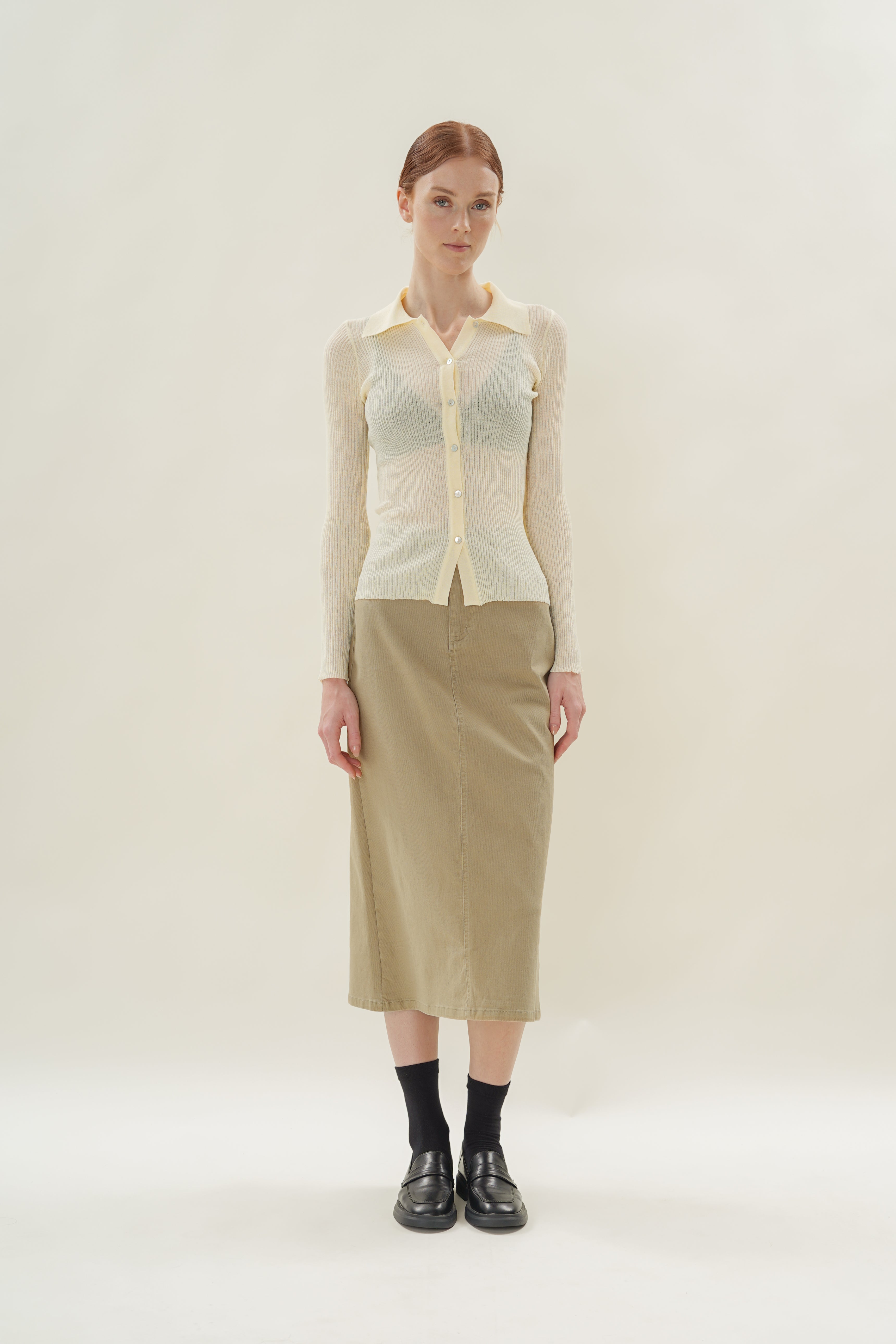 Fitted Sheer Knit Collared Top in Souffle