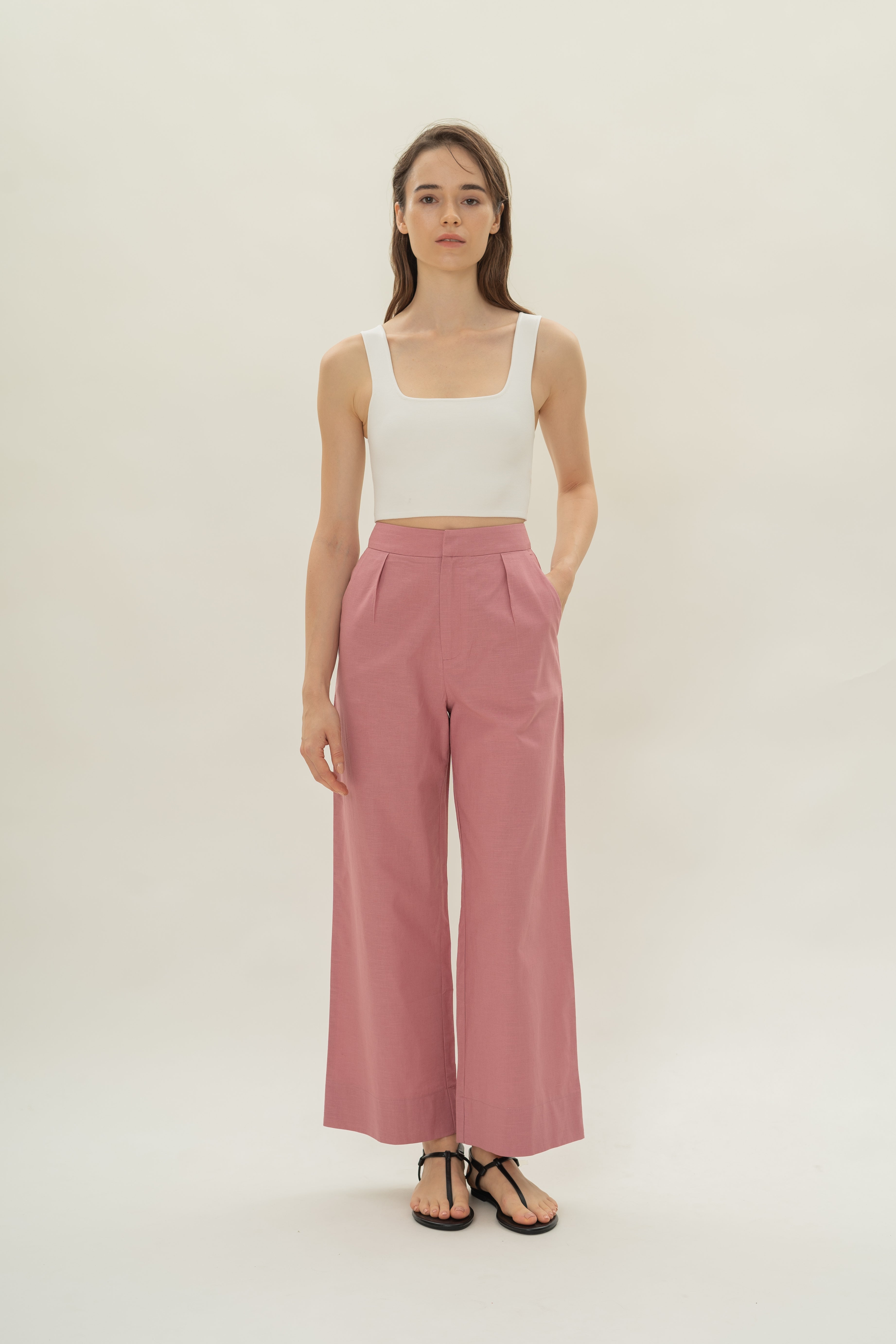 Linen Pleated Straight Trousers in Hibiscus