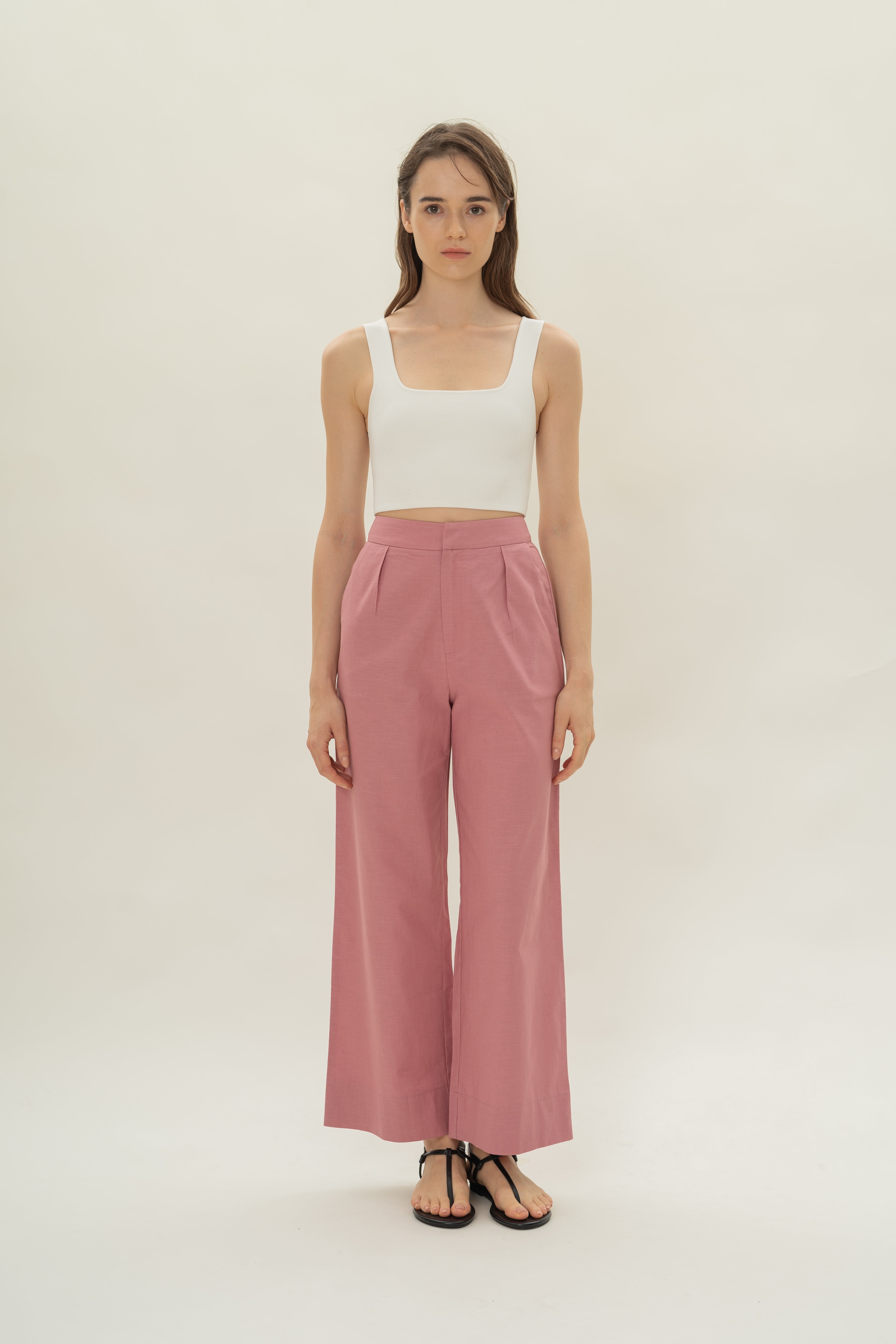 Linen Pleated Straight Trousers in Hibiscus
