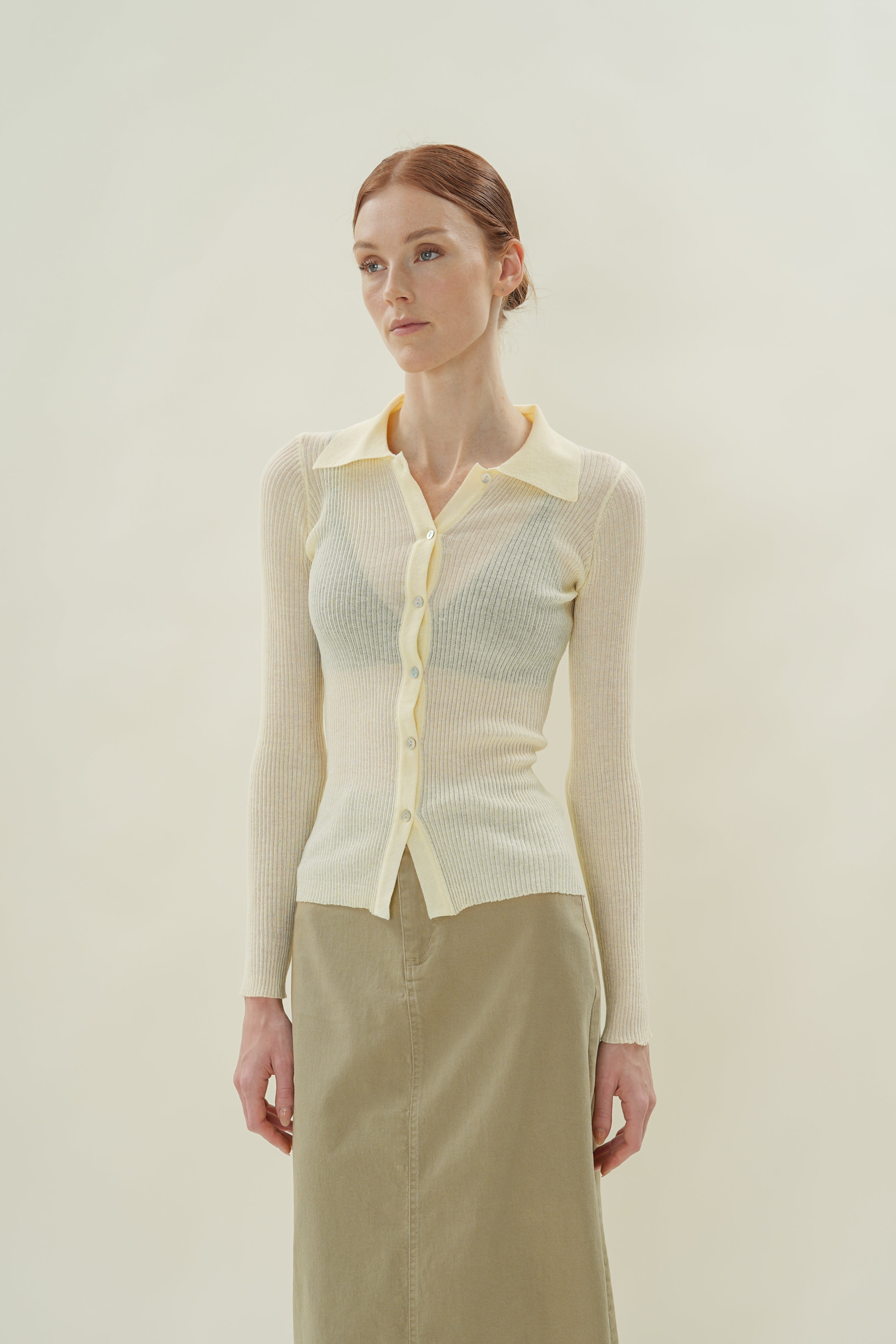 Fitted Sheer Knit Collared Top in Souffle