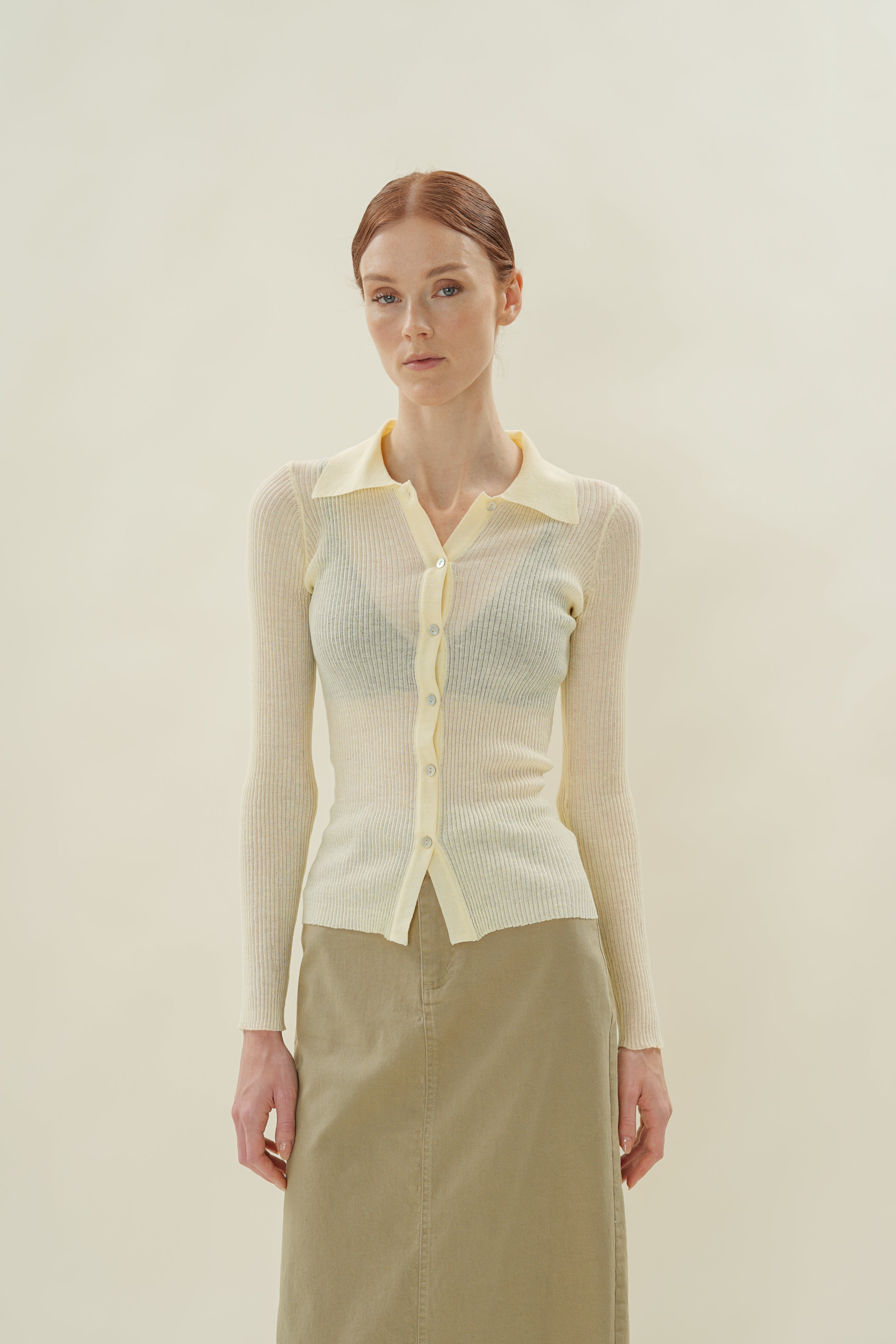 Fitted Sheer Knit Collared Top in Souffle