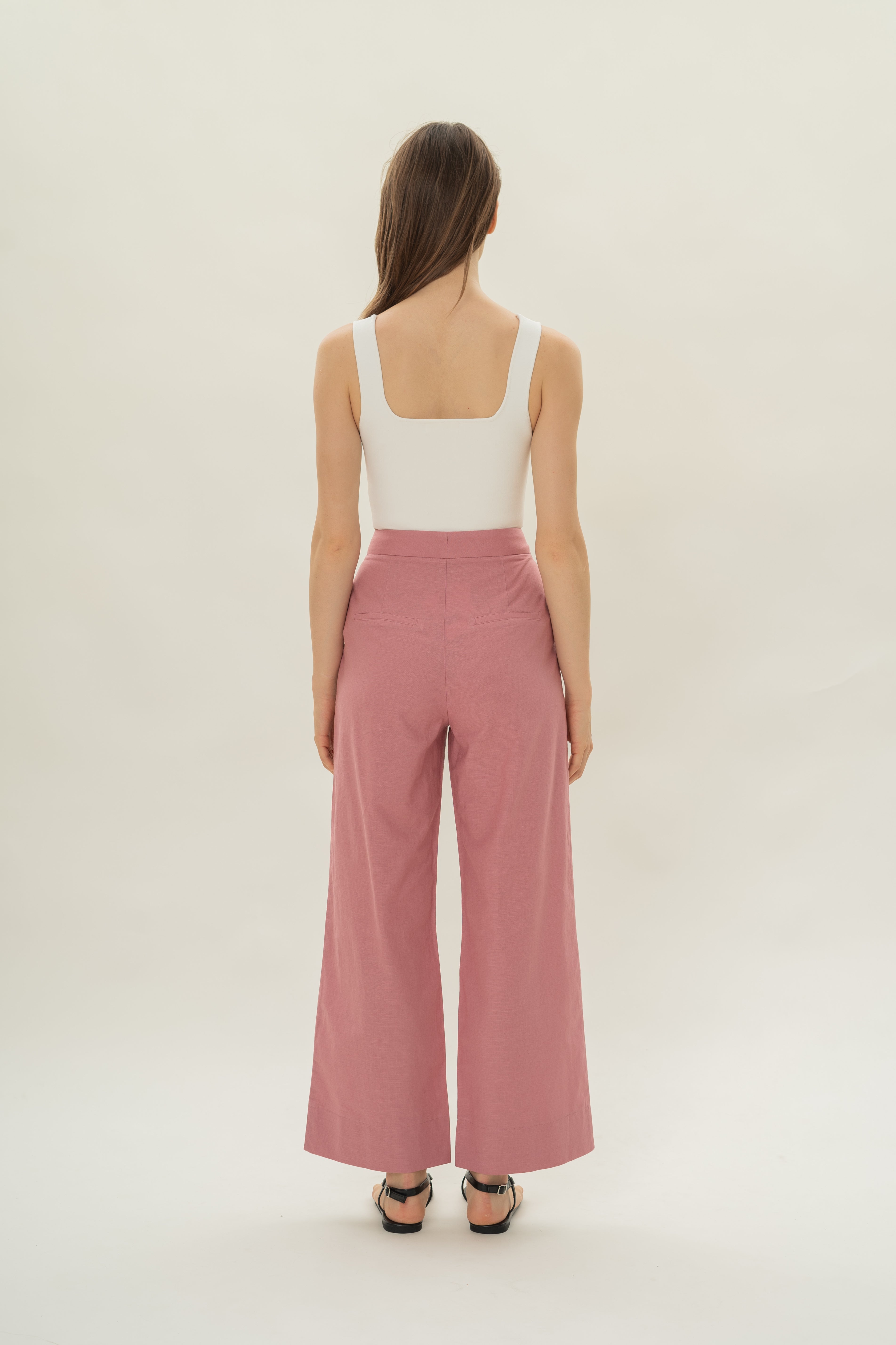 Linen Pleated Straight Trousers in Hibiscus