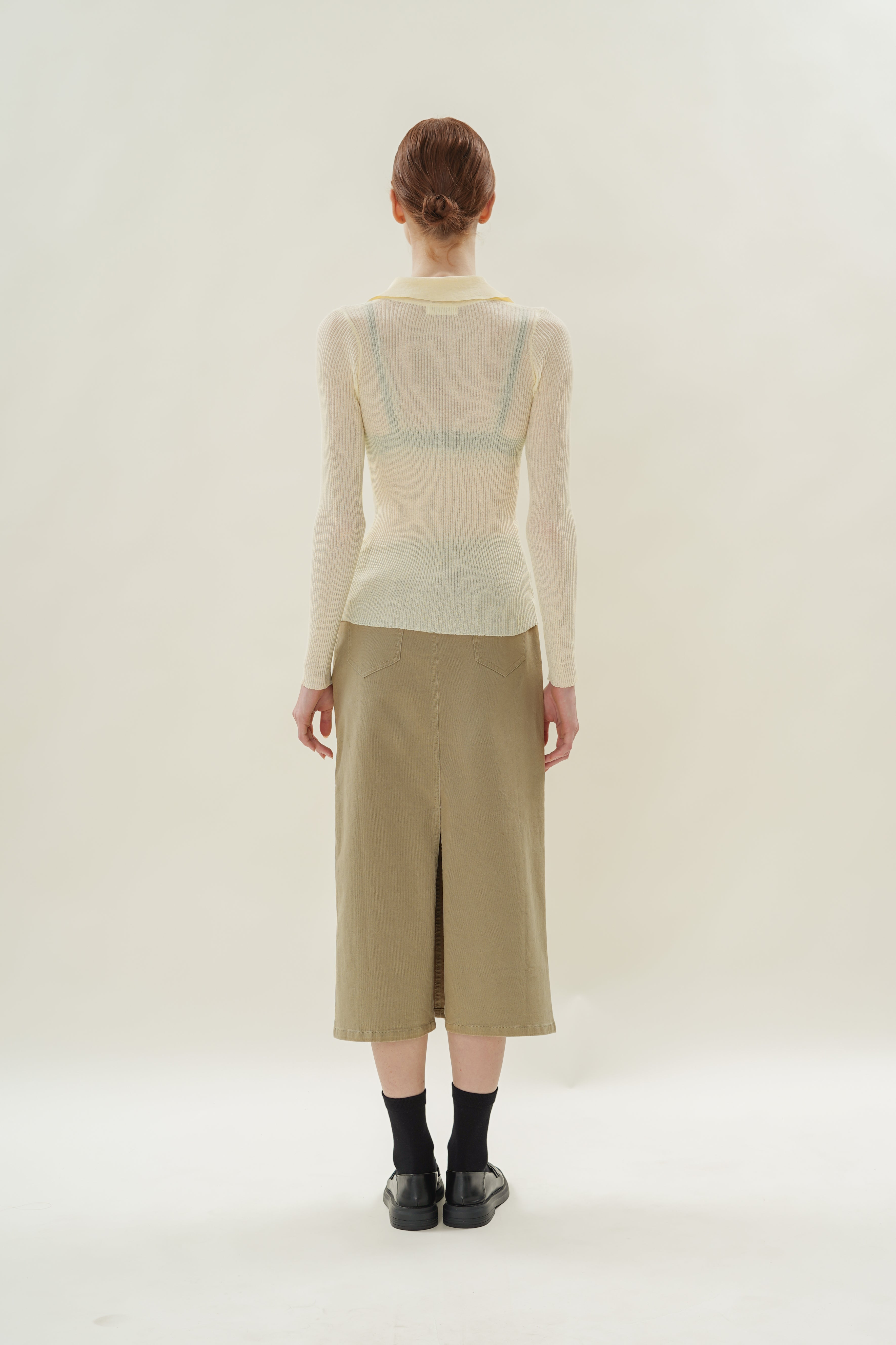 Fitted Sheer Knit Collared Top in Souffle