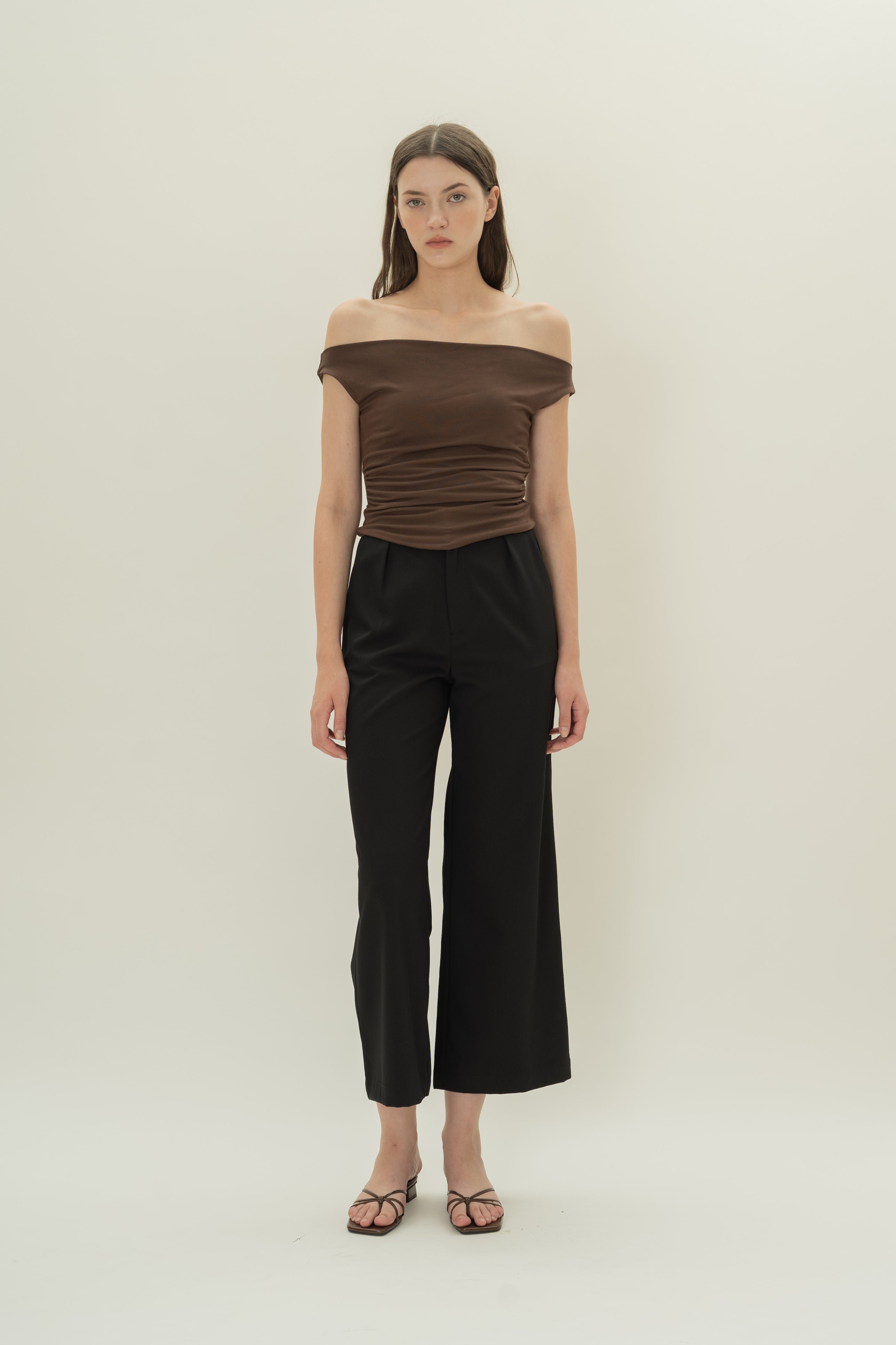 Off Shoulder Ruched Waist Top in Umber