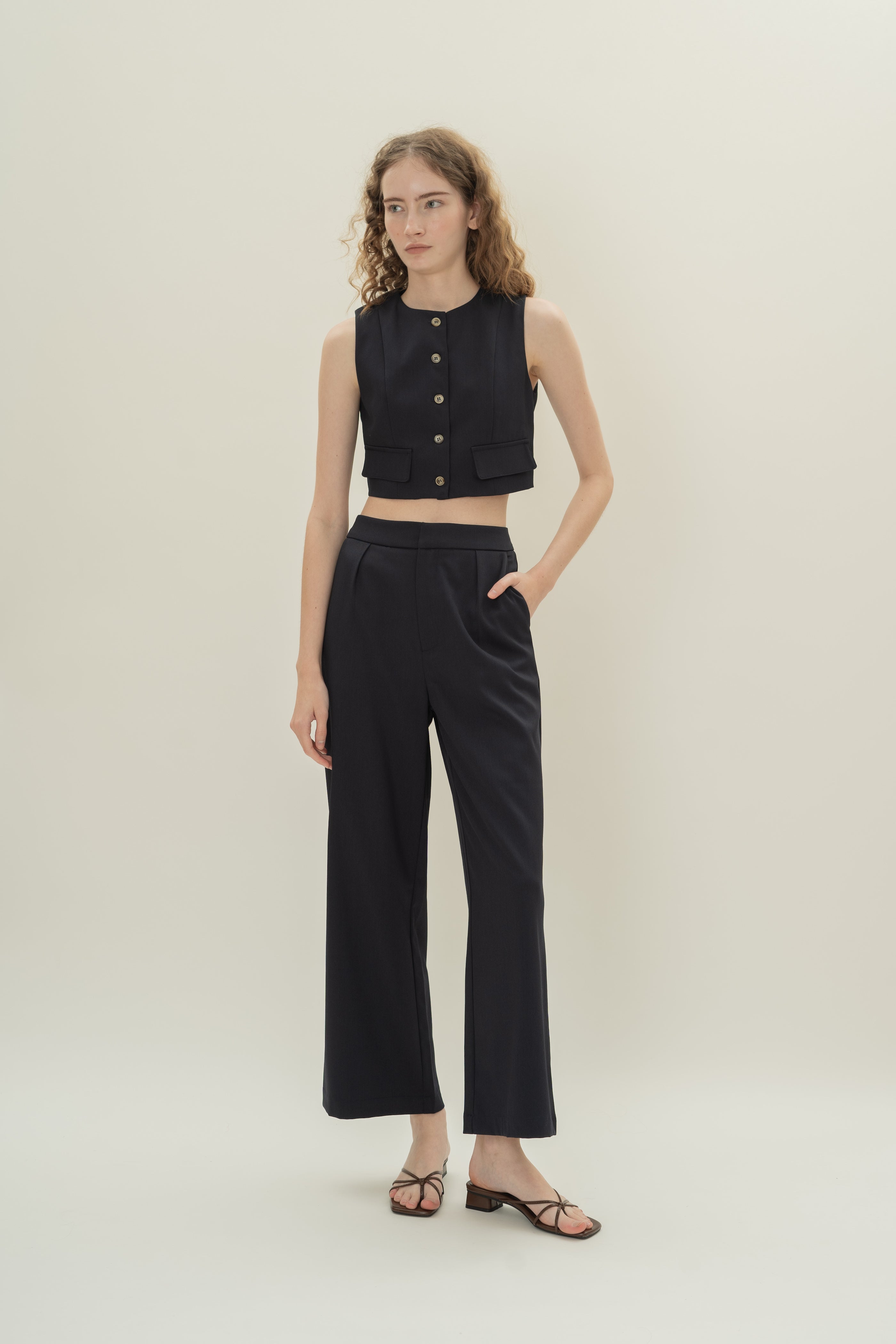 Collarless Sleeveless Top in Midnight