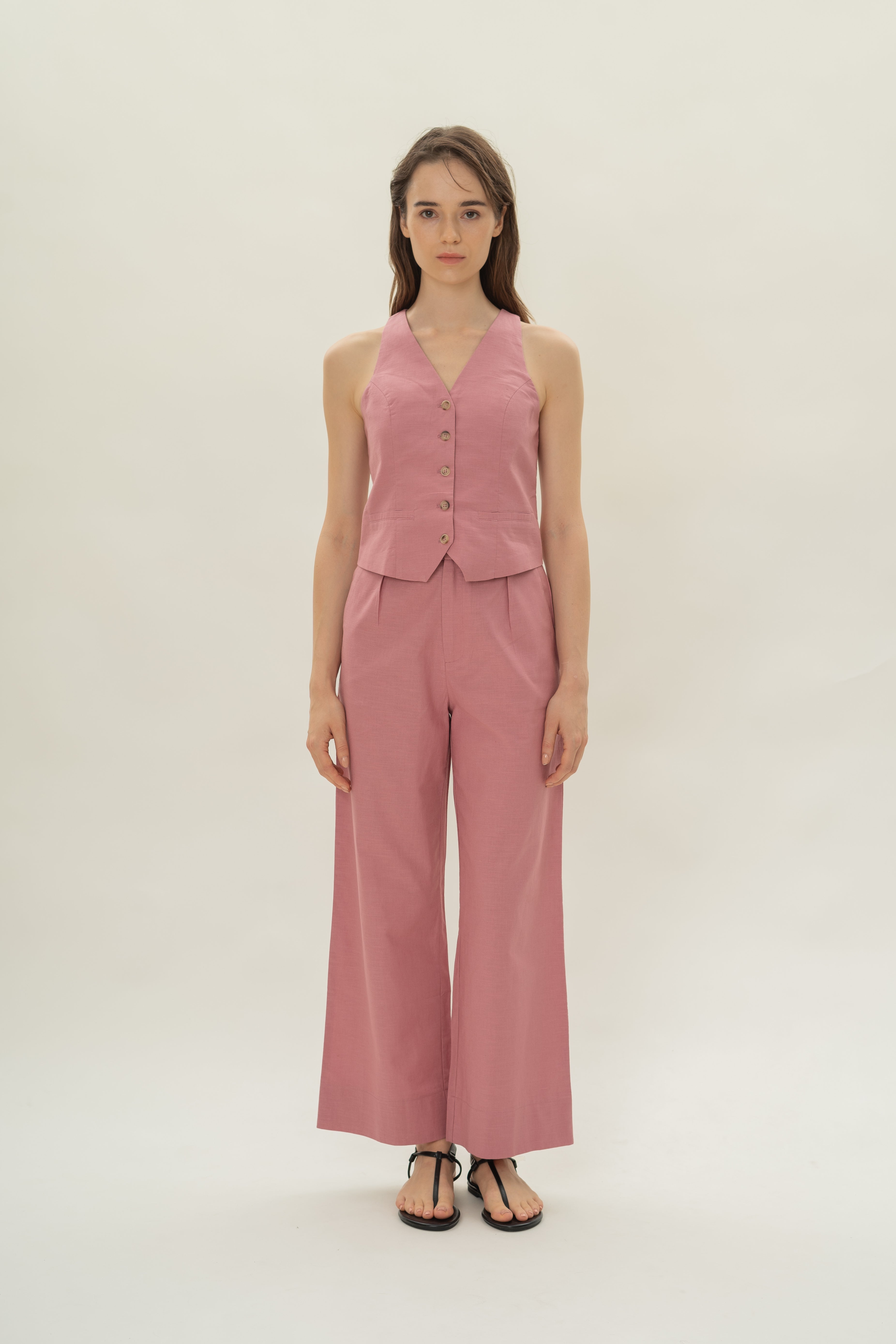 Linen Halter Padded Waistcoat in Hibiscus