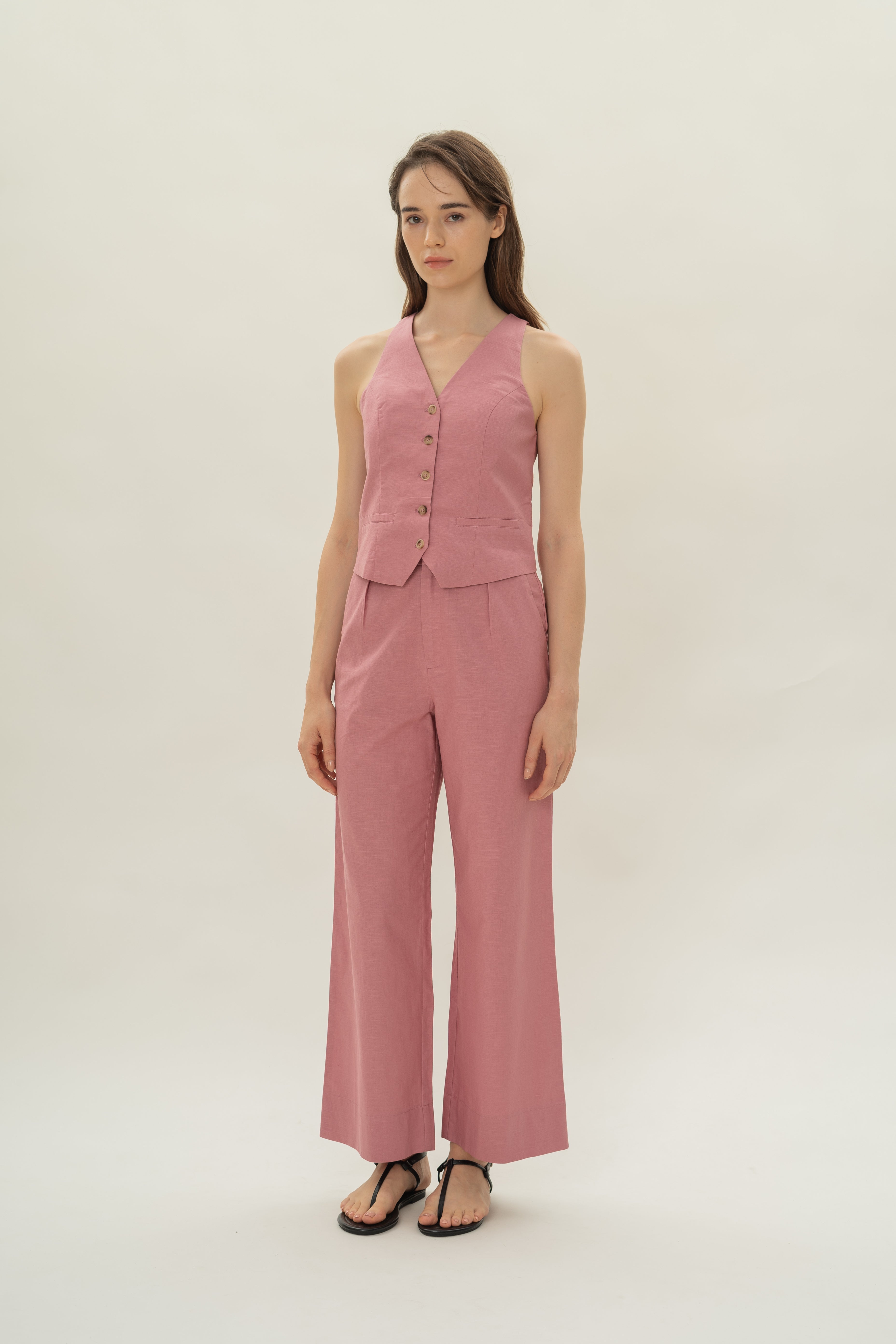 Linen Halter Padded Waistcoat in Hibiscus