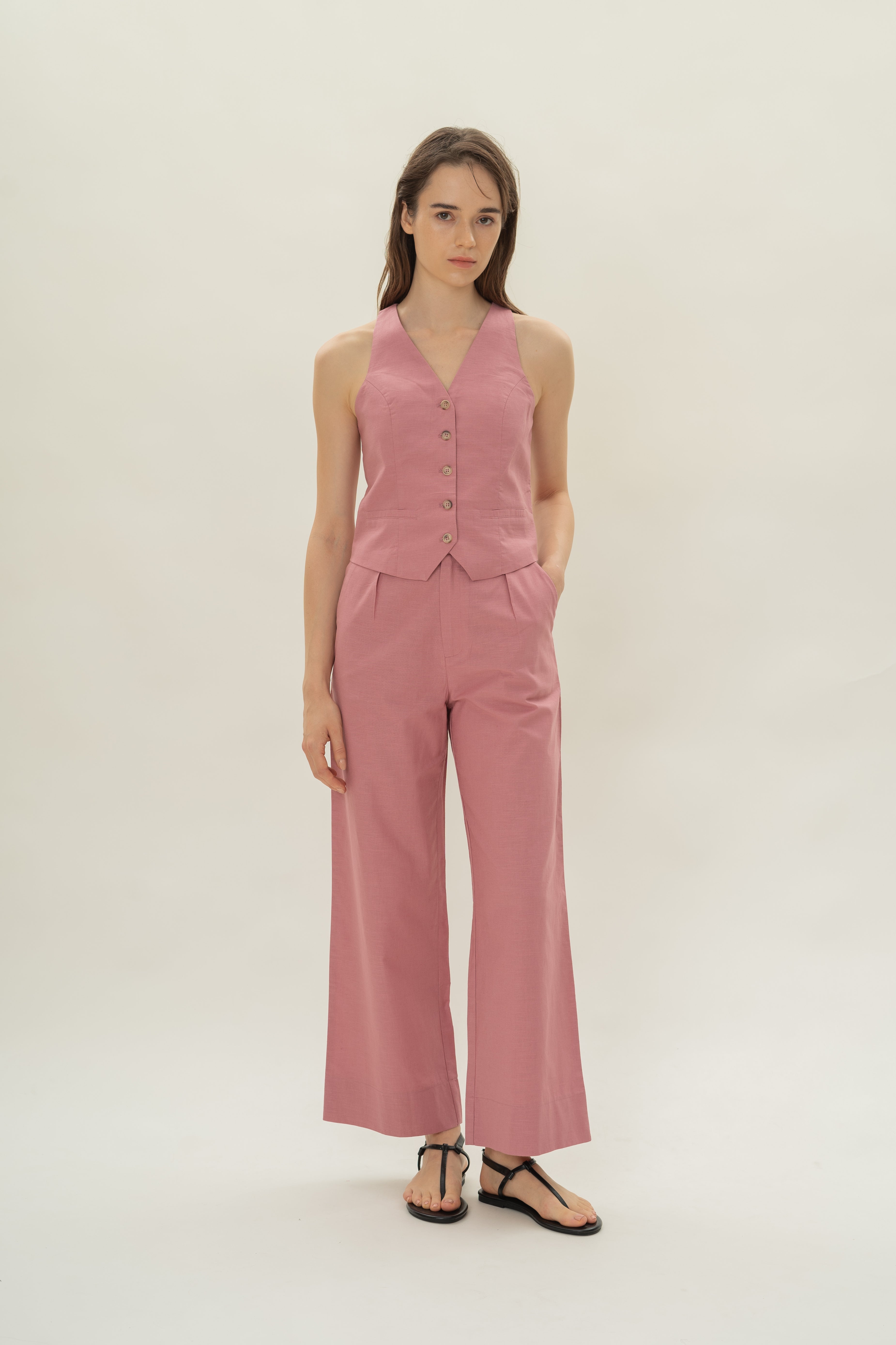 Linen Halter Padded Waistcoat in Hibiscus