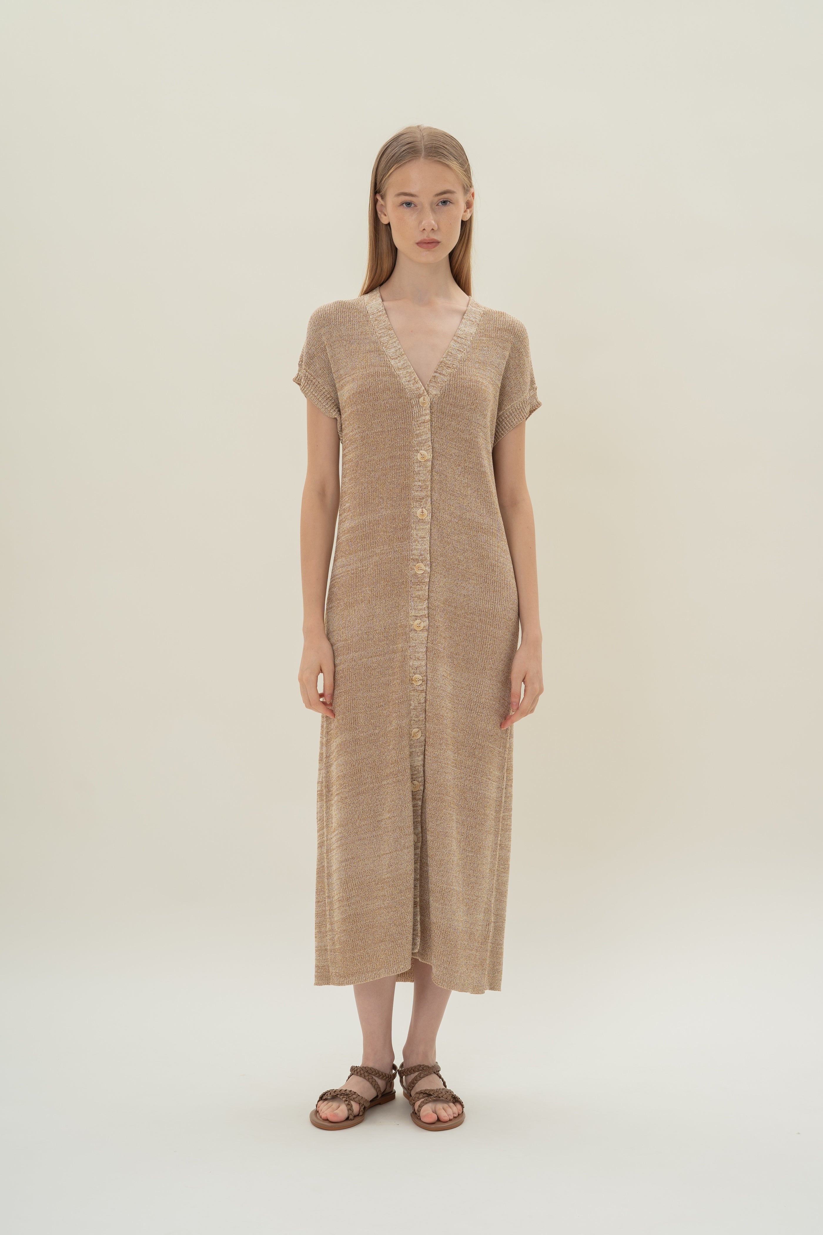 Button Front Melange Knit Dress in Sand Dunes