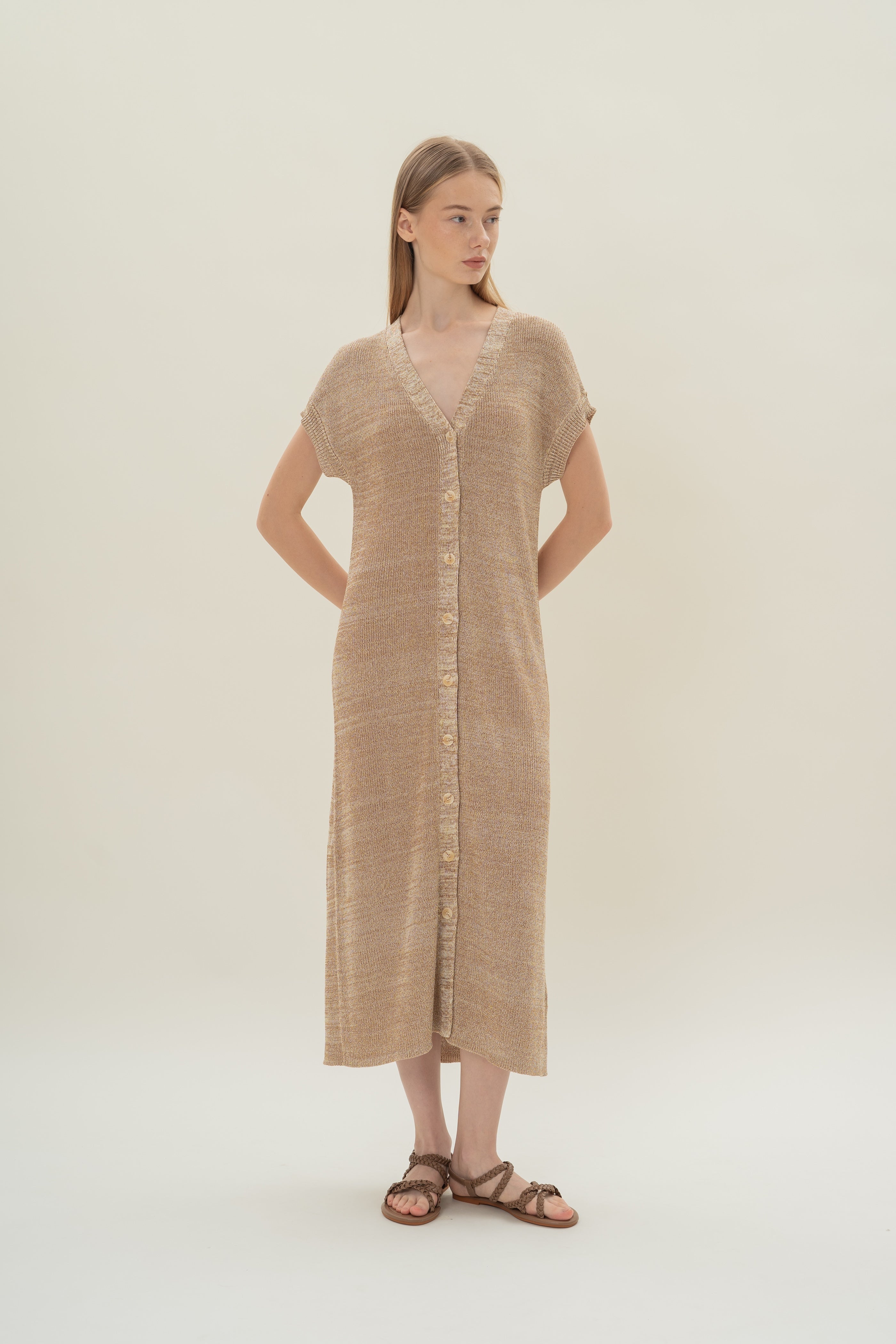 Button Front Melange Knit Dress in Sand Dunes