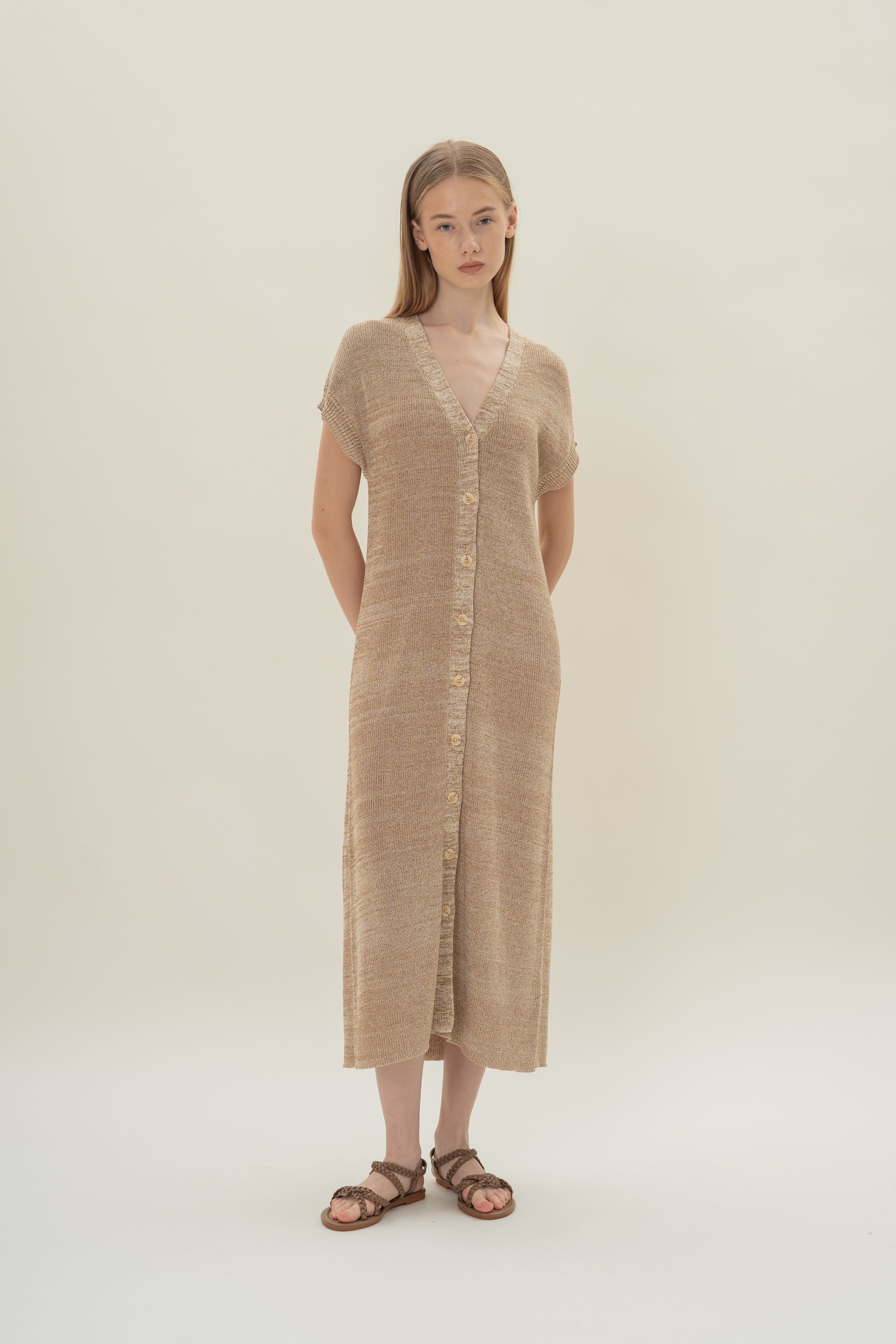 Button Front Melange Knit Dress in Sand Dunes
