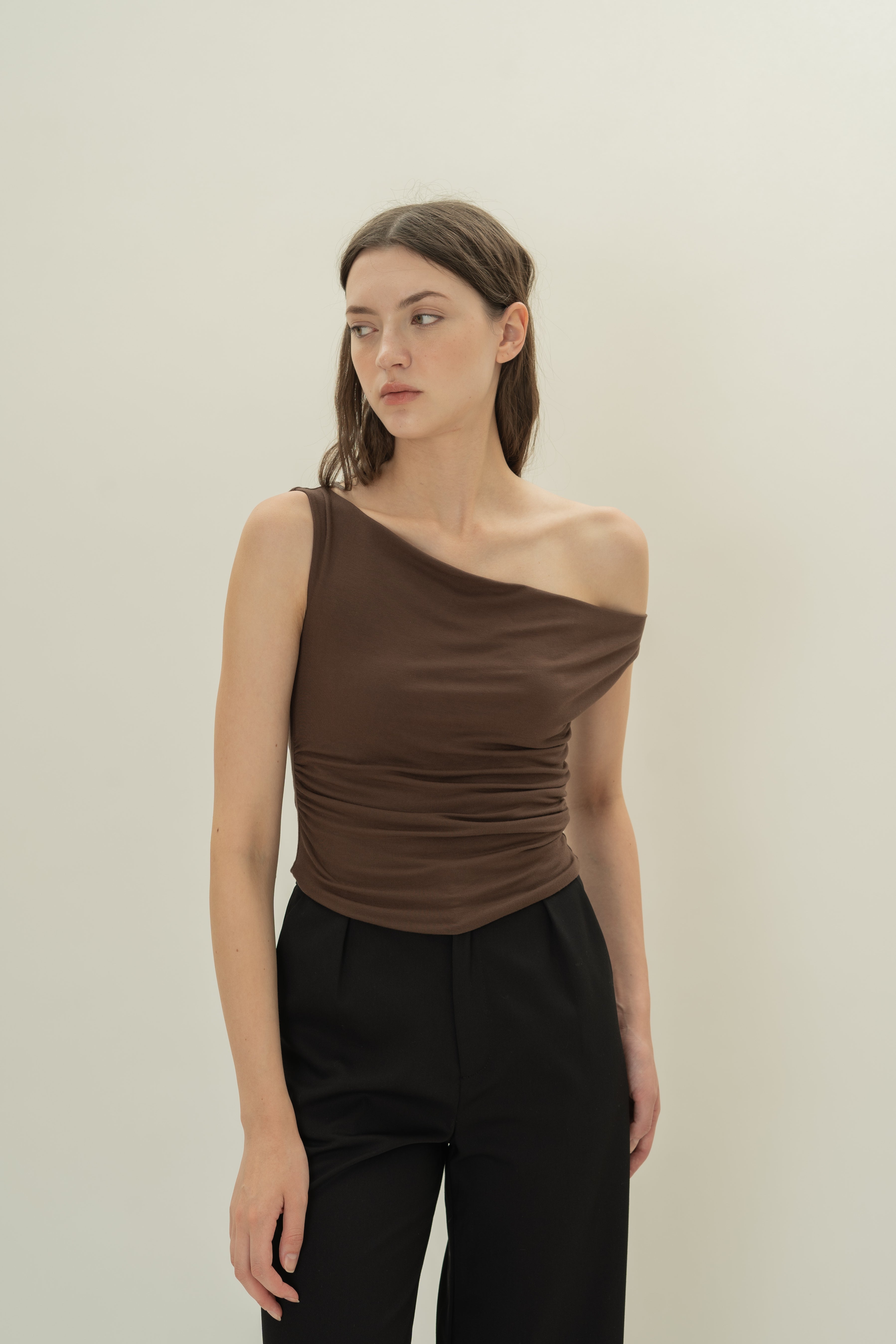 Off Shoulder Ruched Waist Top in Umber
