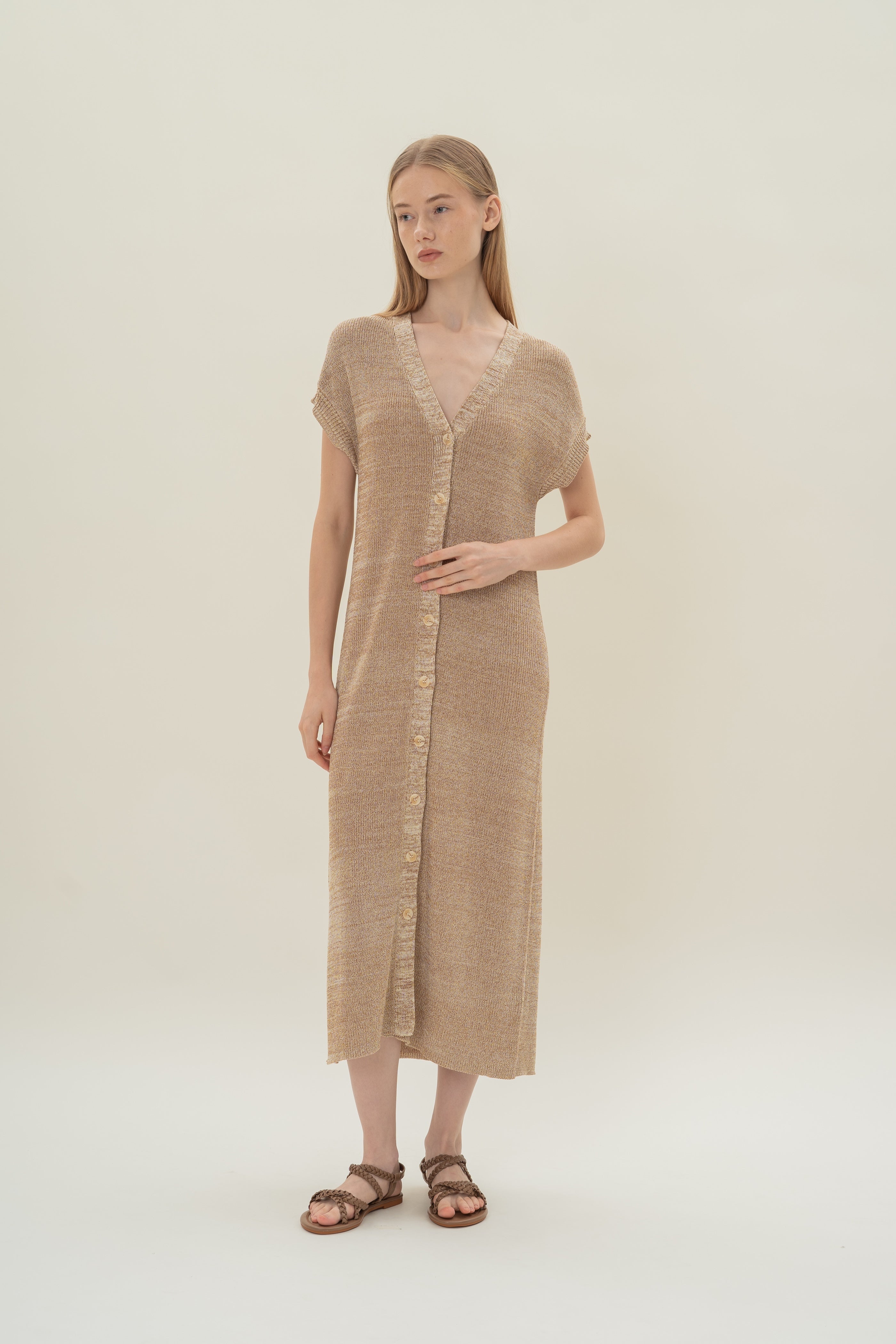 Button Front Melange Knit Dress in Sand Dunes