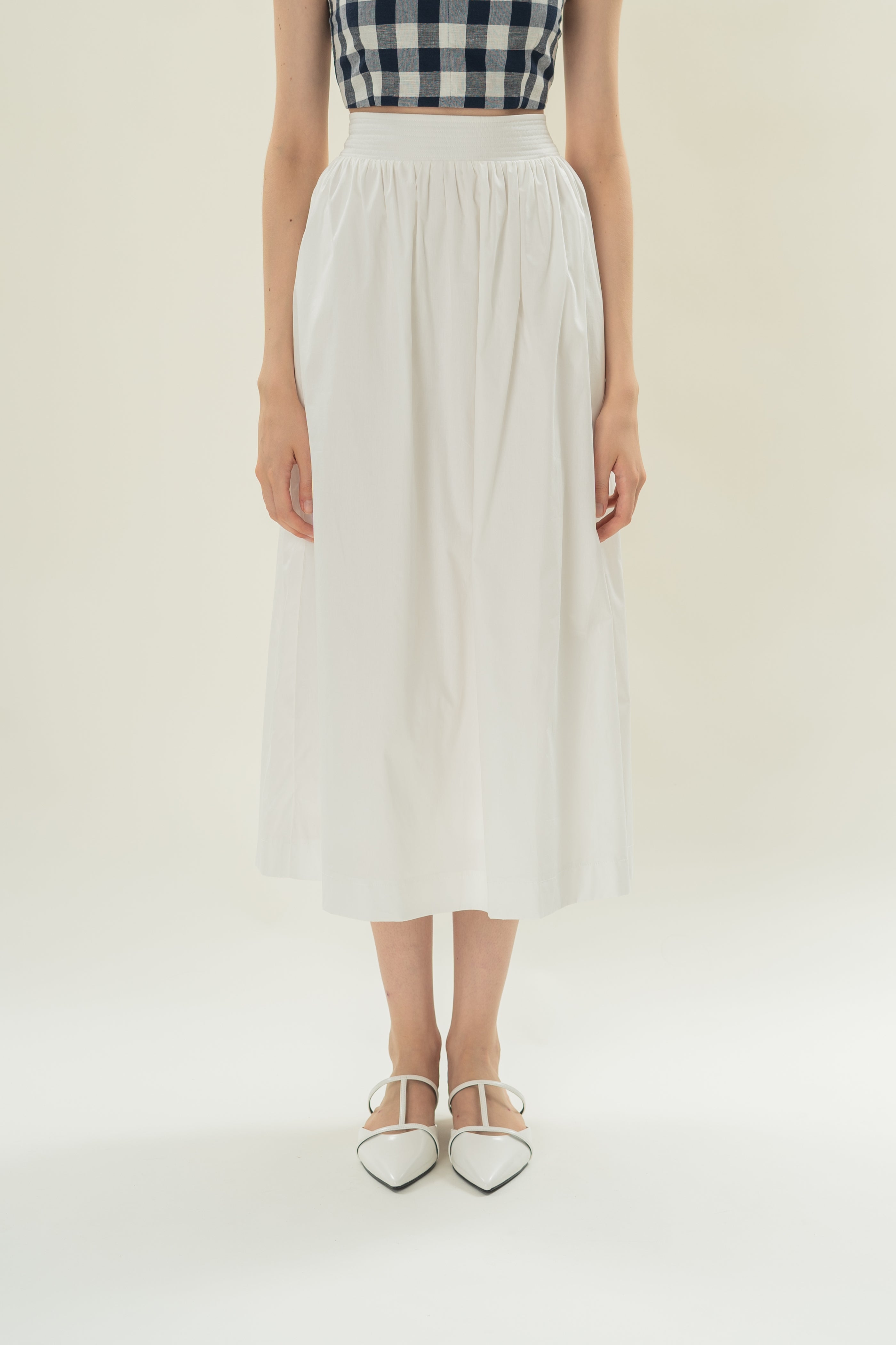 Stitched Waistband Gathered Midi Skirt in White