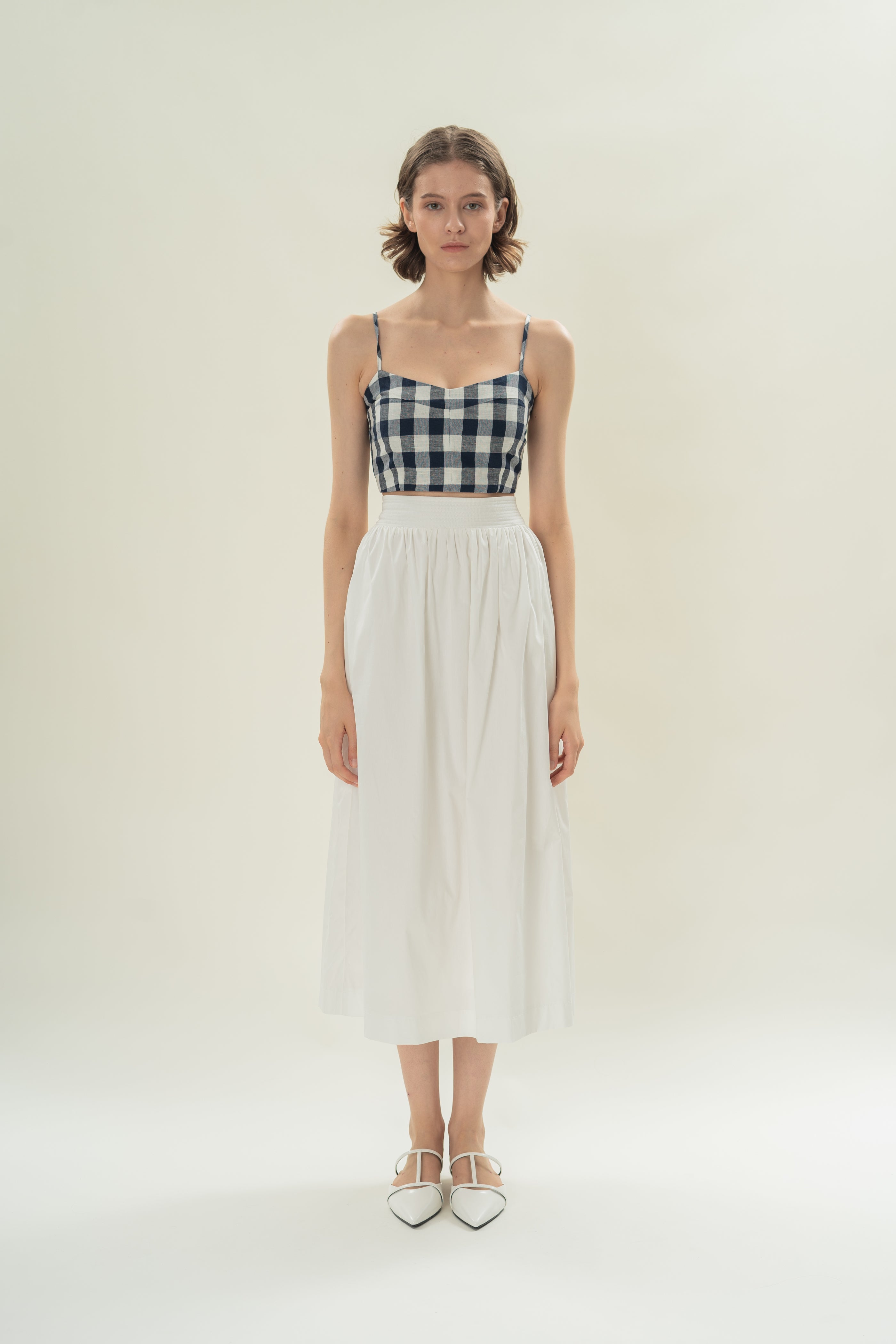 Stitched Waistband Gathered Midi Skirt in White