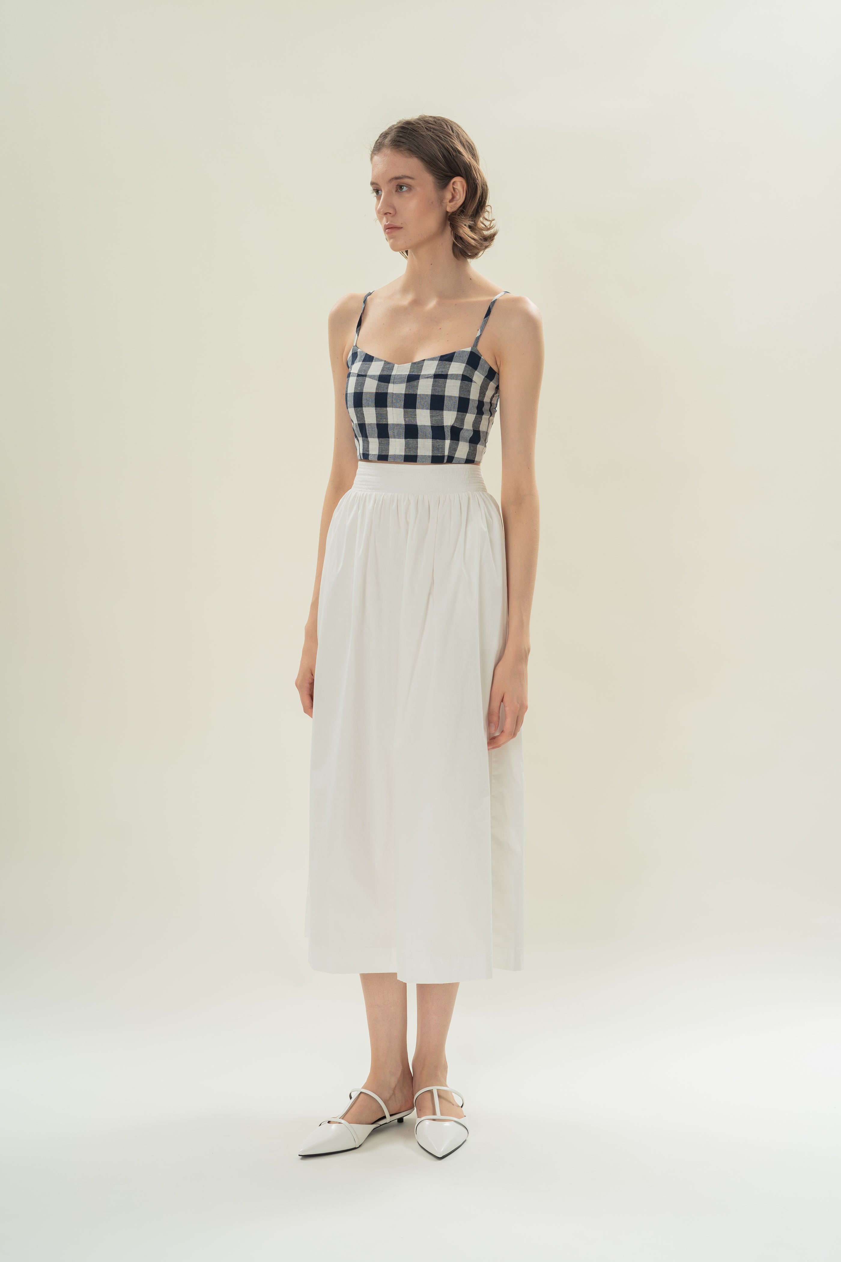 Stitched Waistband Gathered Midi Skirt in White