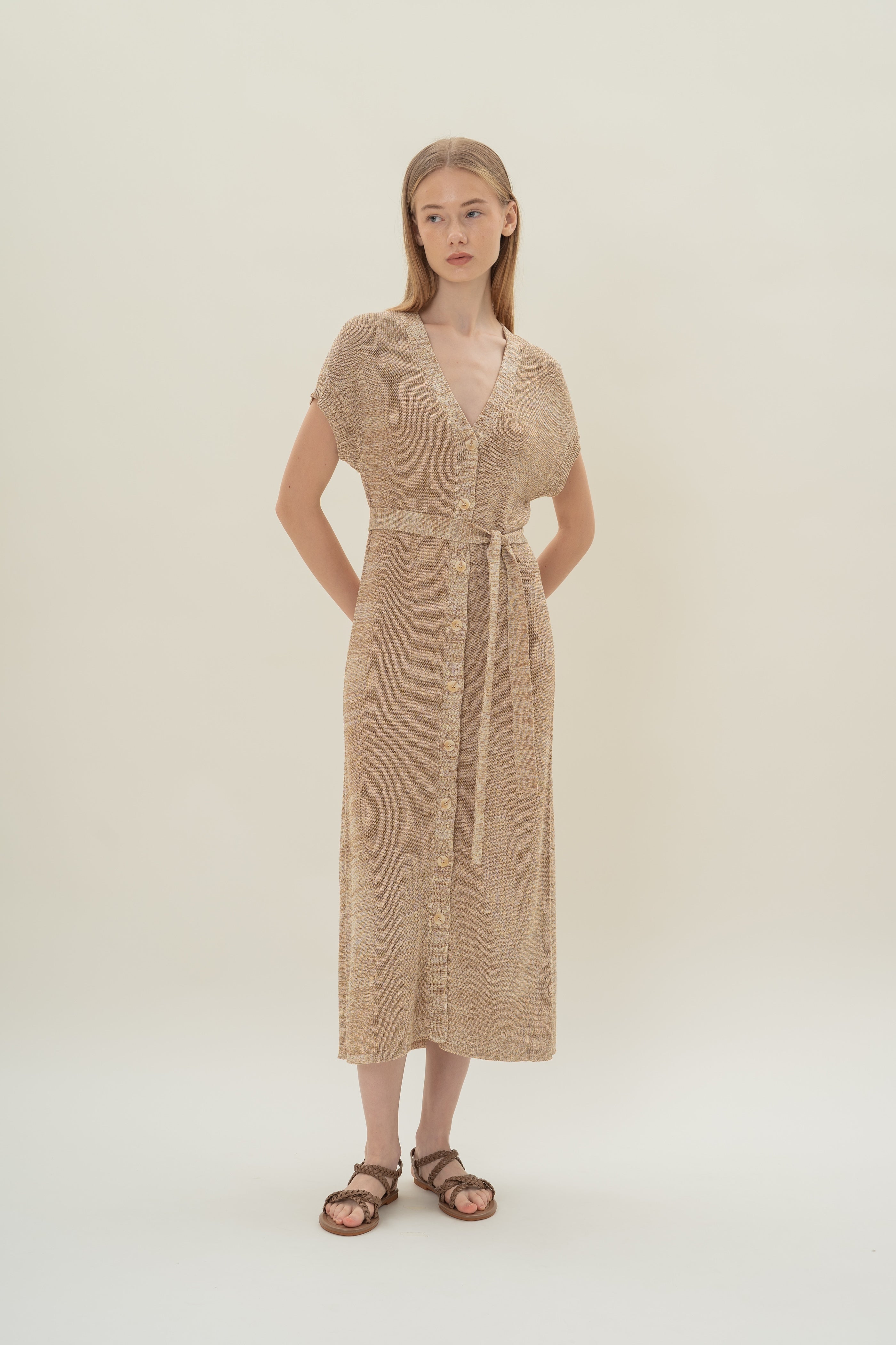 Button Front Melange Knit Dress in Sand Dunes