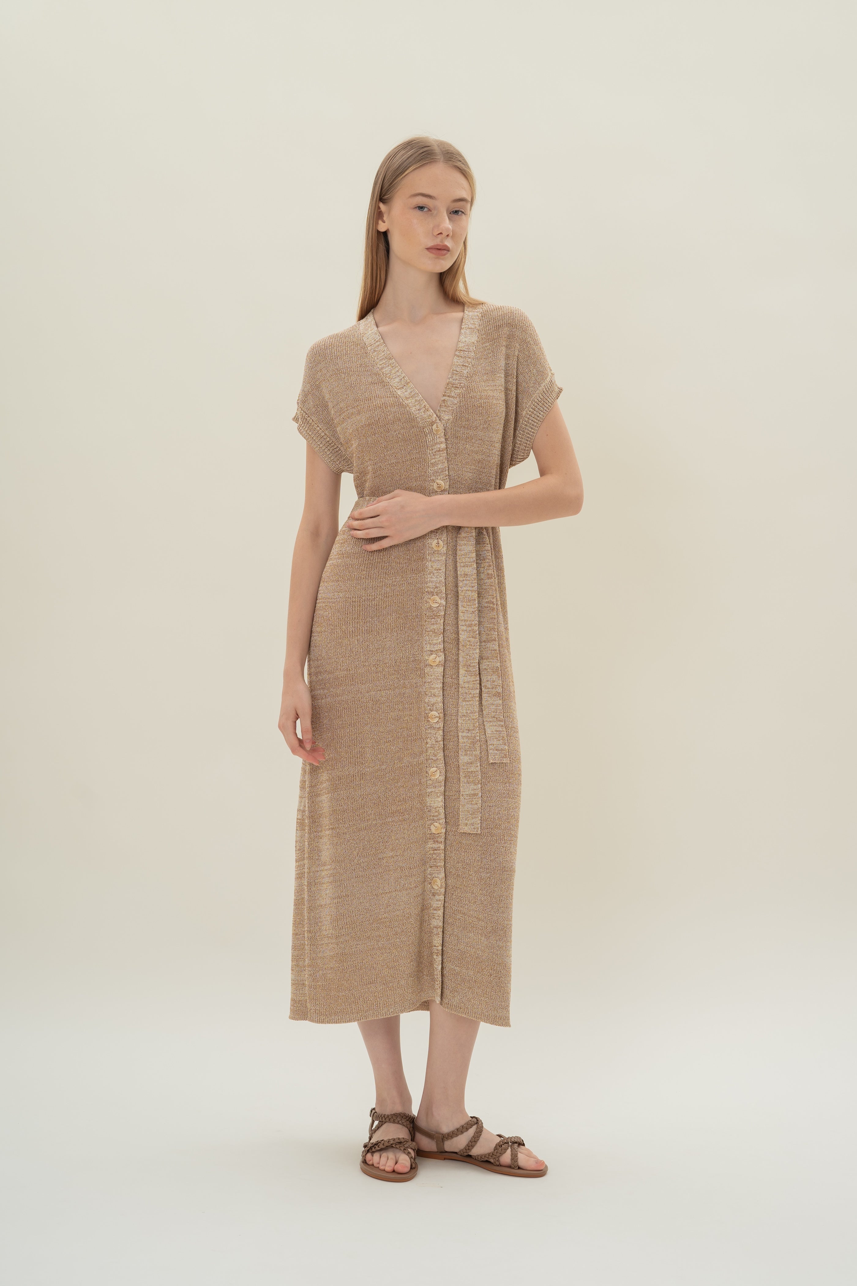 Button Front Melange Knit Dress in Sand Dunes