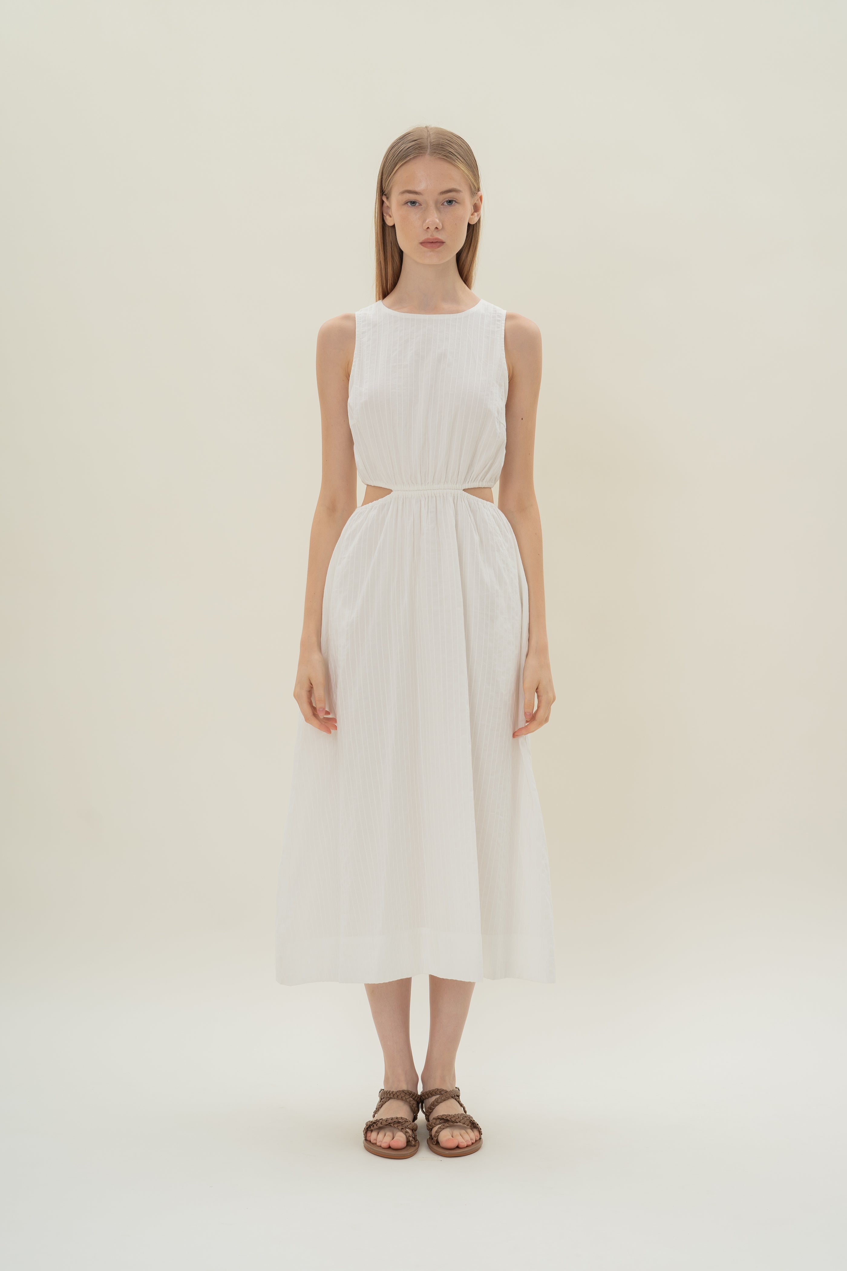 Cut-Out Midi Dress in White Stripes