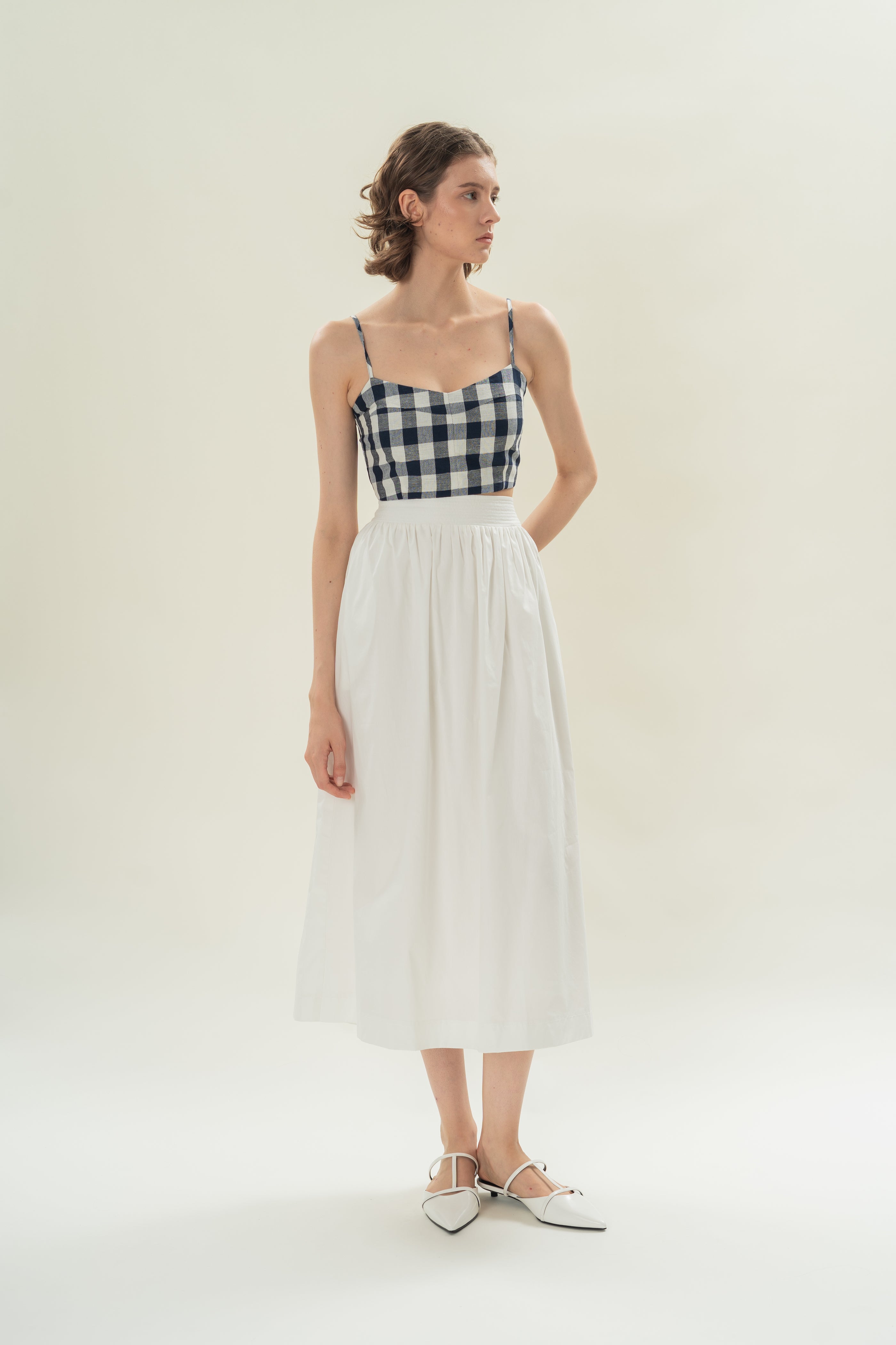 Stitched Waistband Gathered Midi Skirt in White