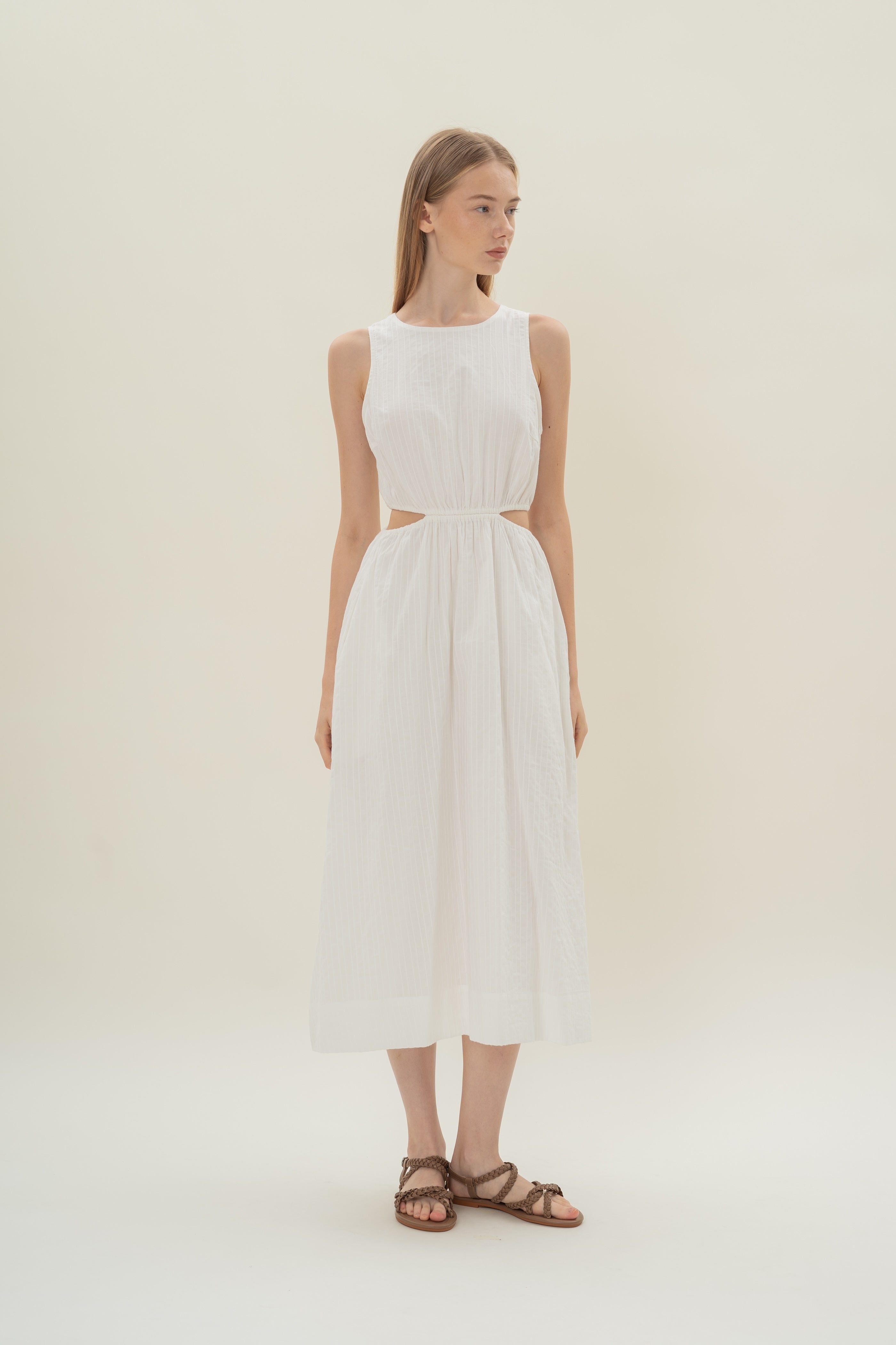 Cut-Out Midi Dress in White Stripes