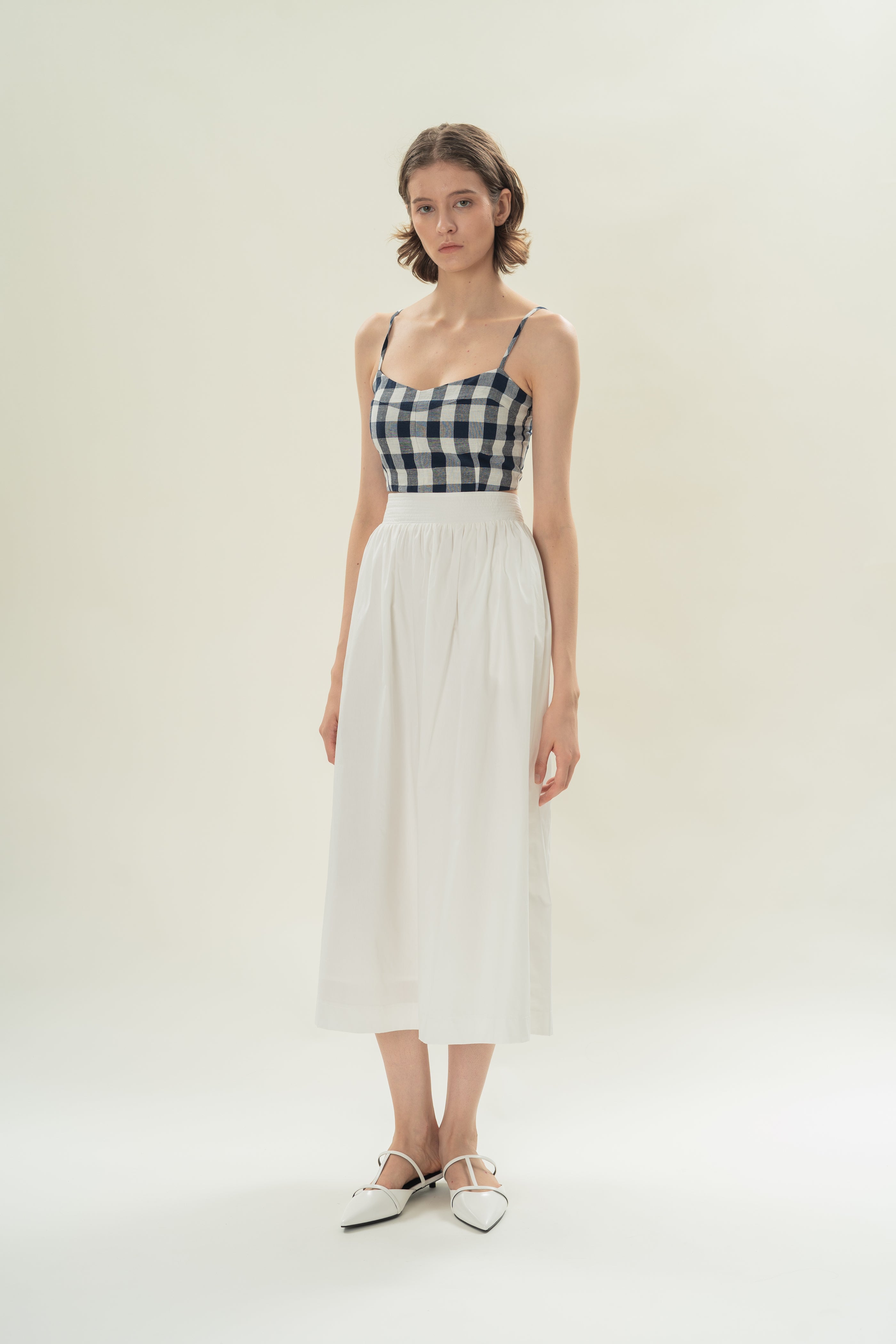 Stitched Waistband Gathered Midi Skirt in White
