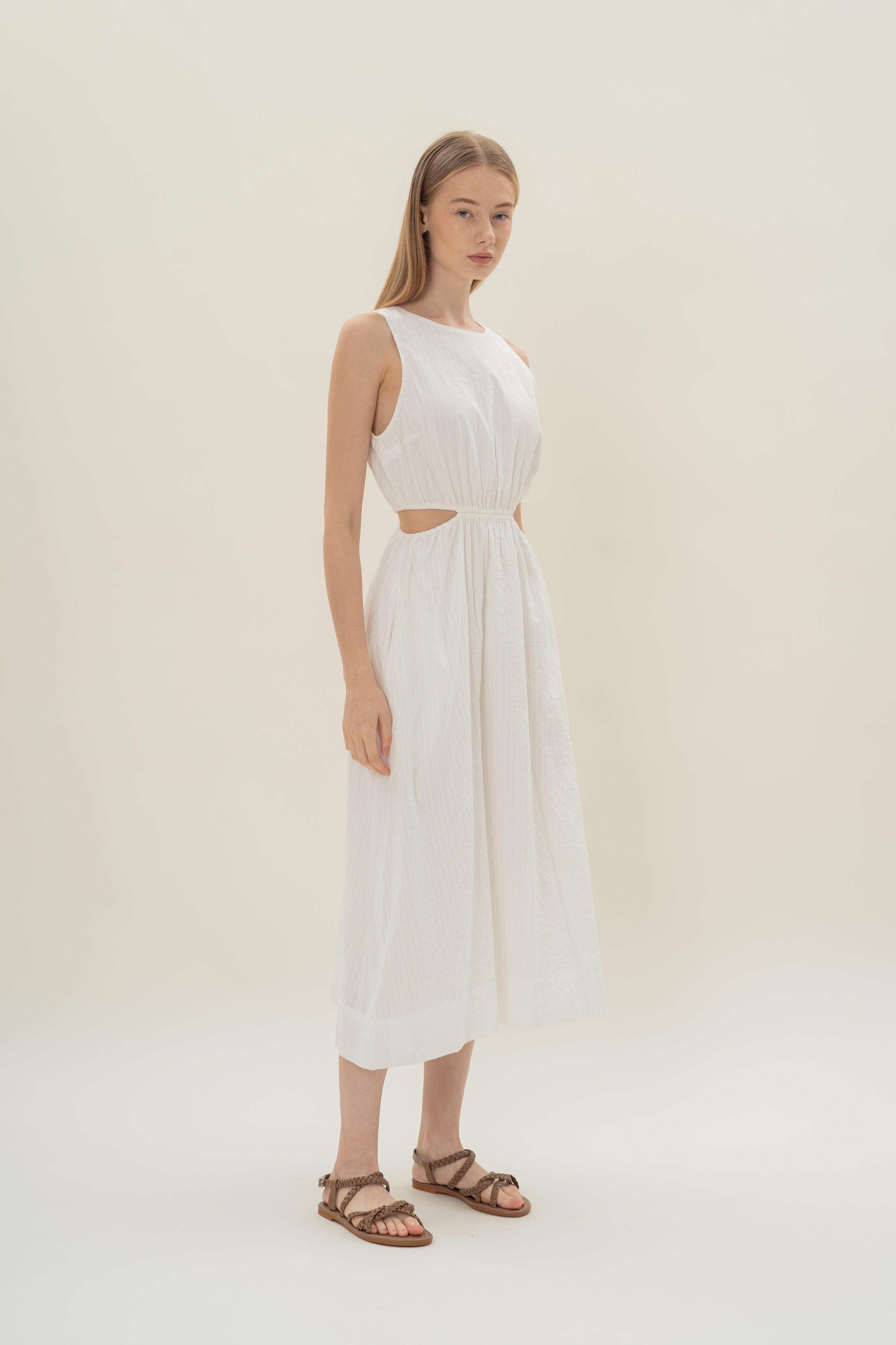 Cut-Out Midi Dress in White Stripes