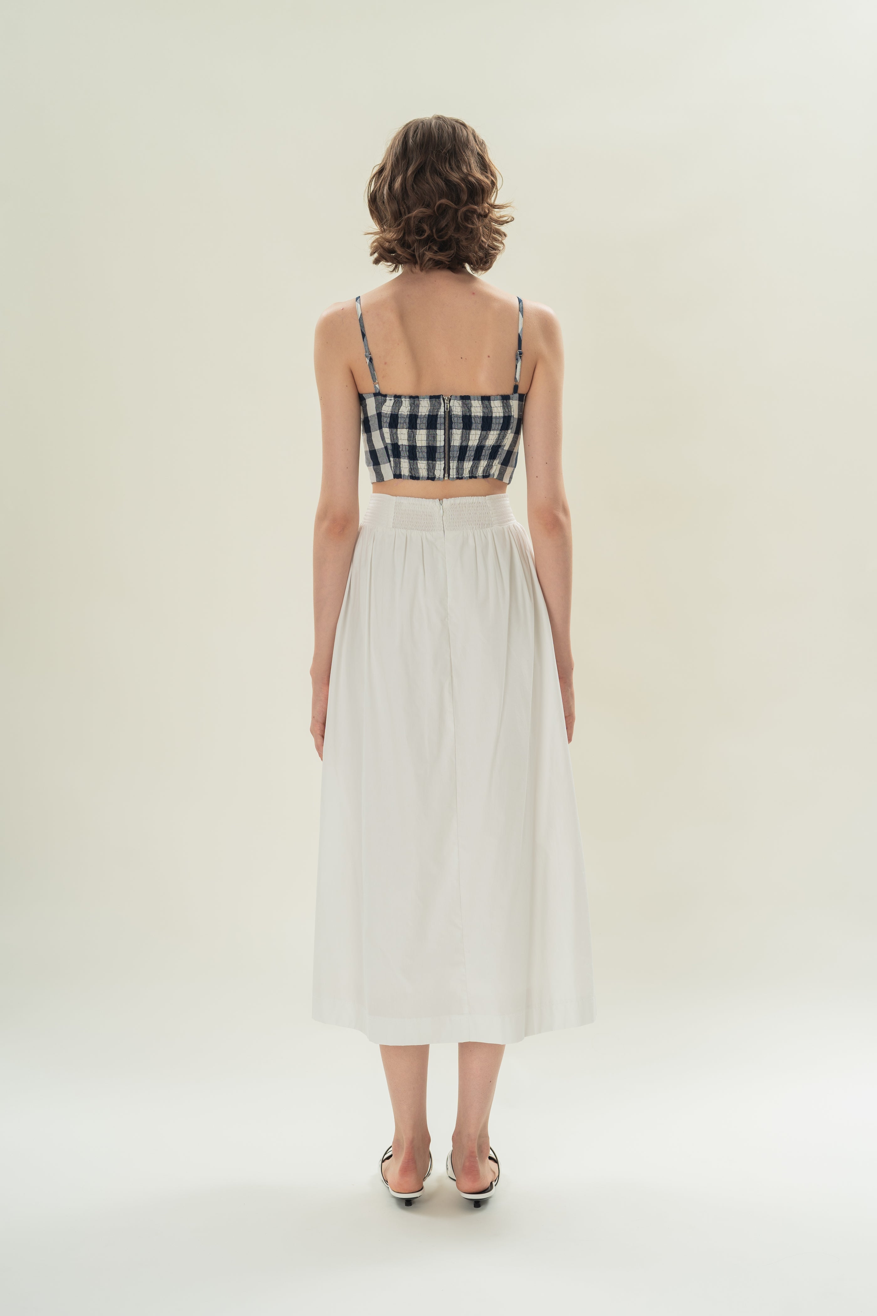 Stitched Waistband Gathered Midi Skirt in White