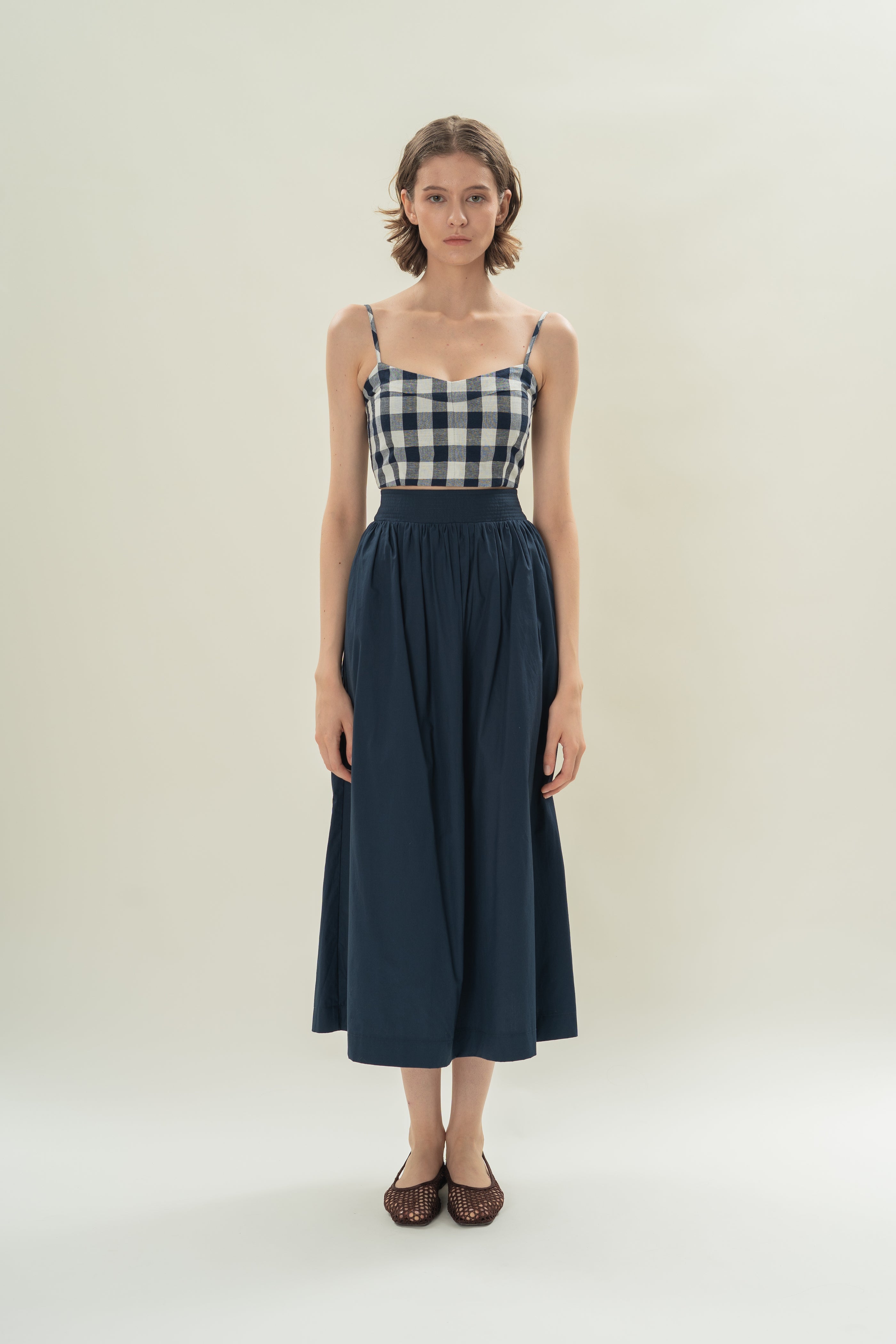 Stitched Waistband Gathered Midi Skirt in Midnight