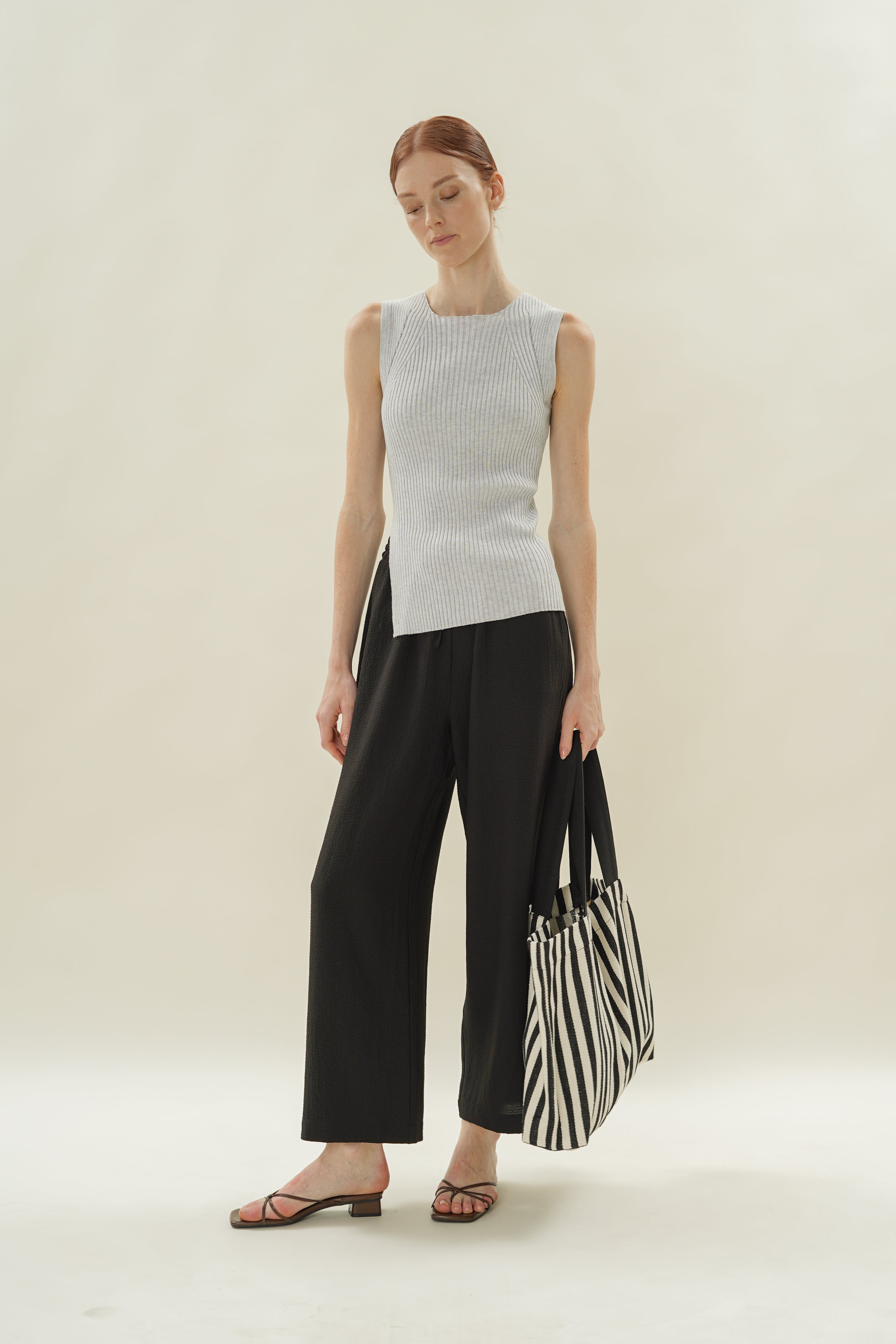 Sleeveless Rib Knit Top With Slit in Heather Grey