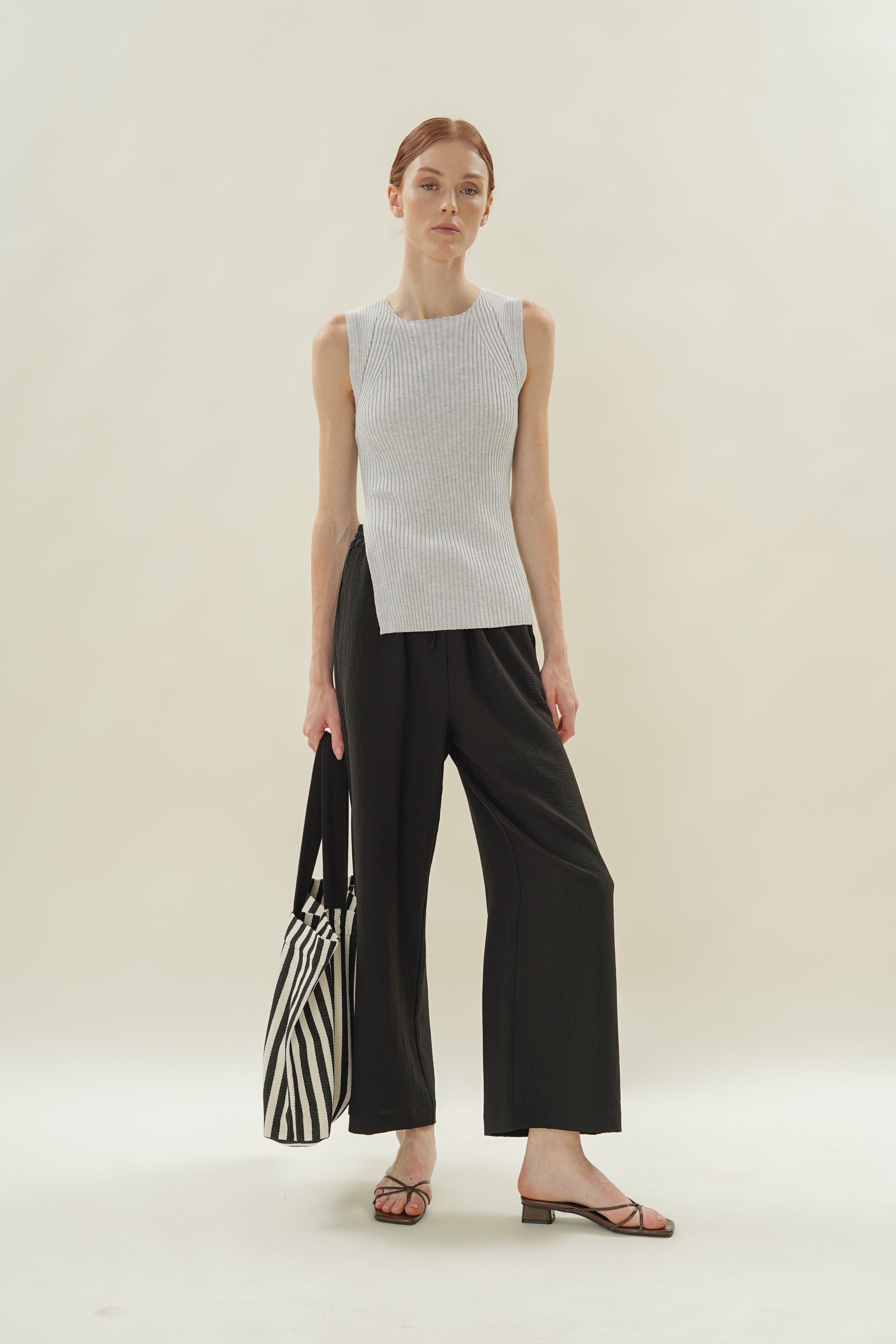 Sleeveless Rib Knit Top With Slit in Heather Grey